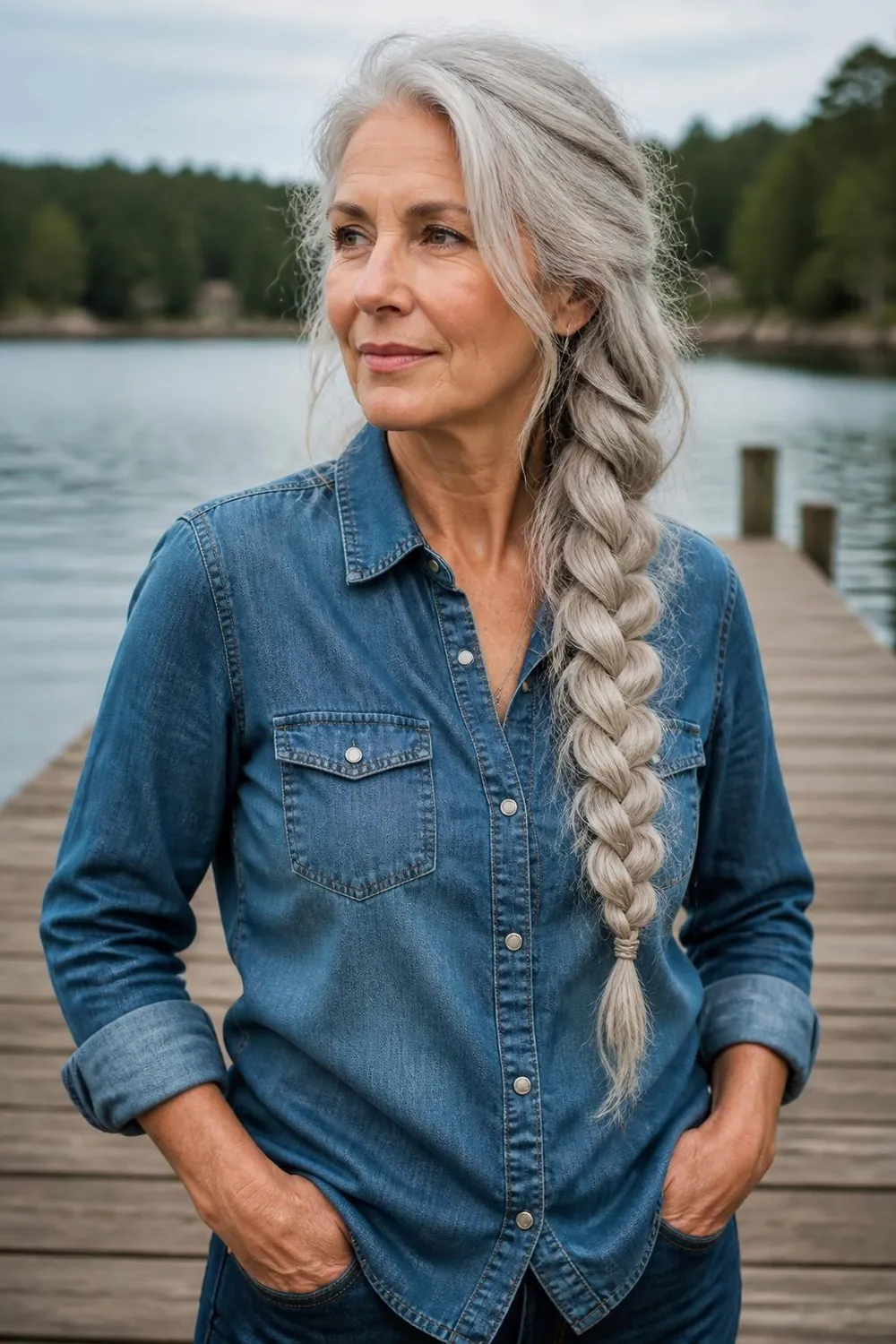 Long silver hair in a loose side braid over one shoulder