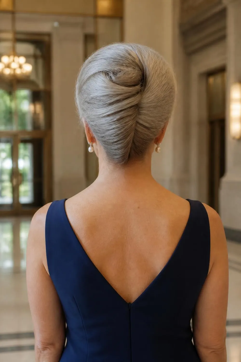 Gray French twist updo with a smooth vertical roll at the back