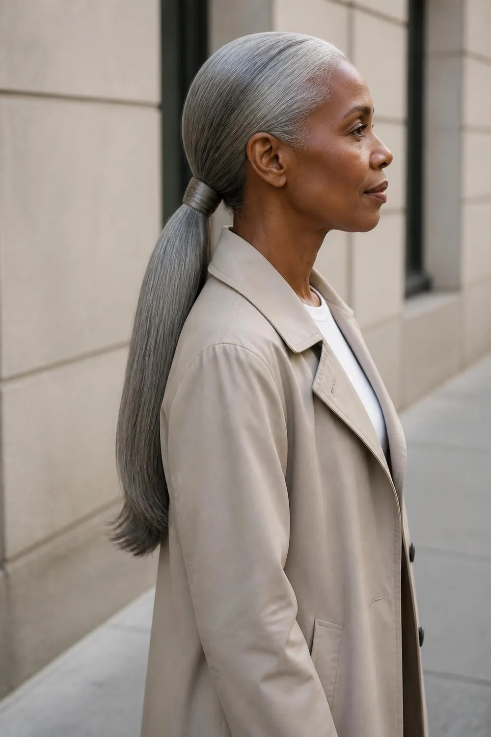 Sleek low silver ponytail with a center part and wrapped base
