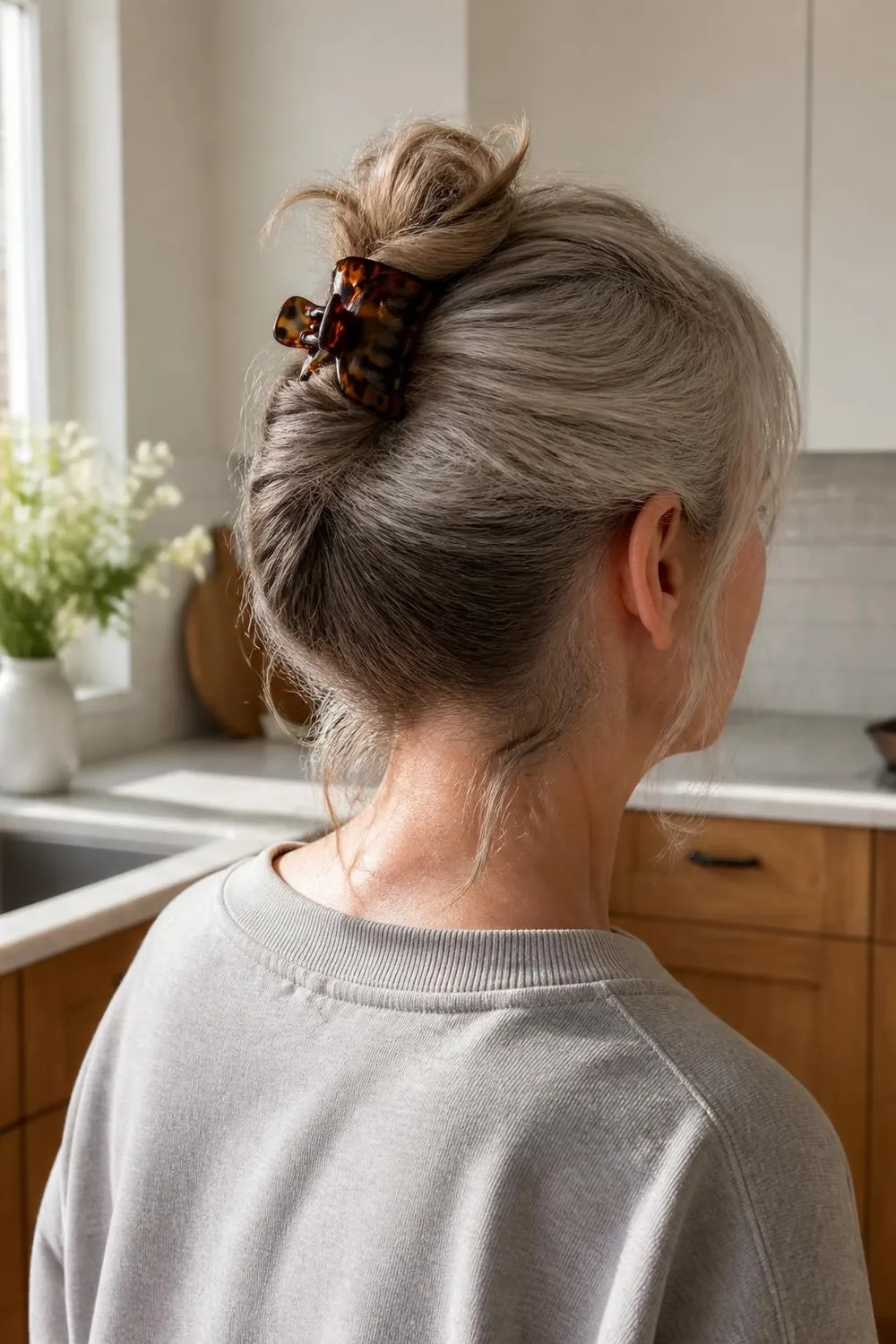 Messy gray top knot secured with a claw clip and loose wisps