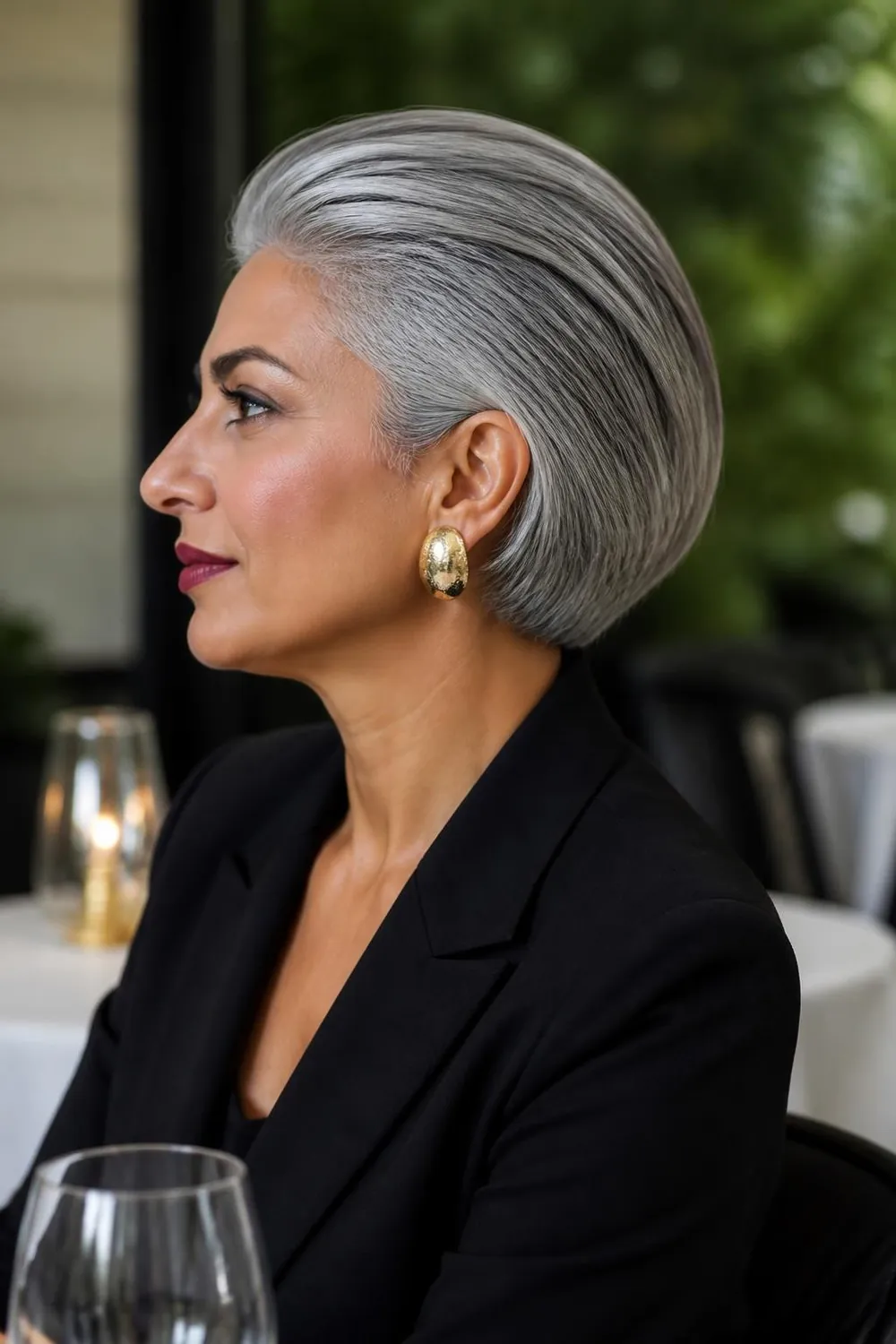 Short silver hair slicked back with gel for an evening event