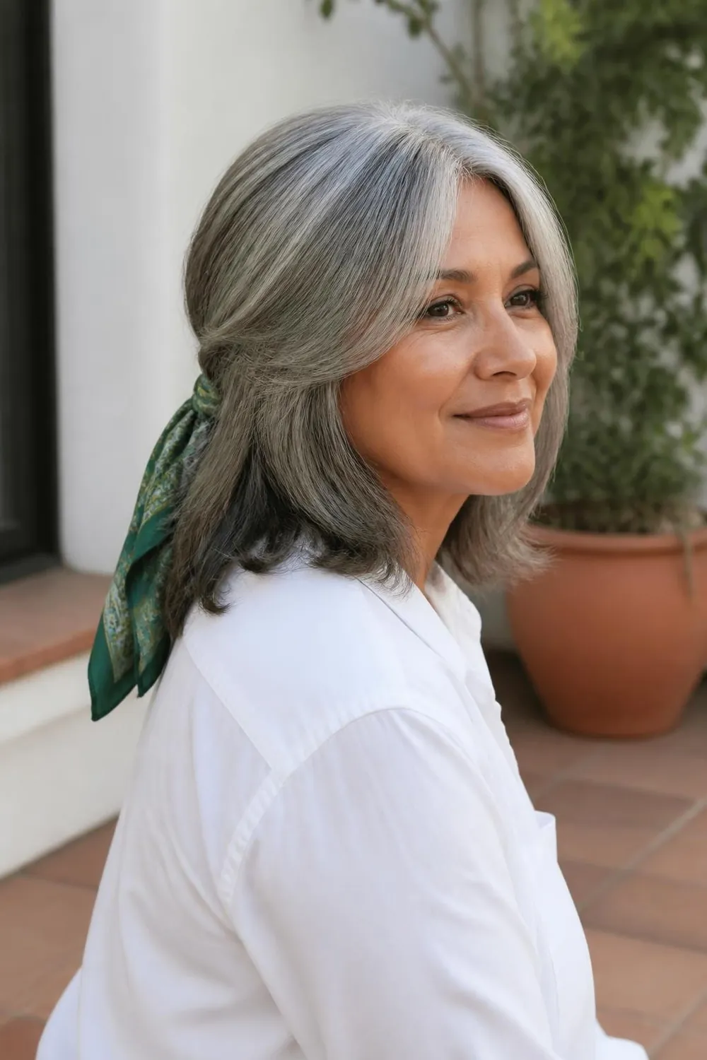 Gray hair with a folded printed silk scarf tied as a headband