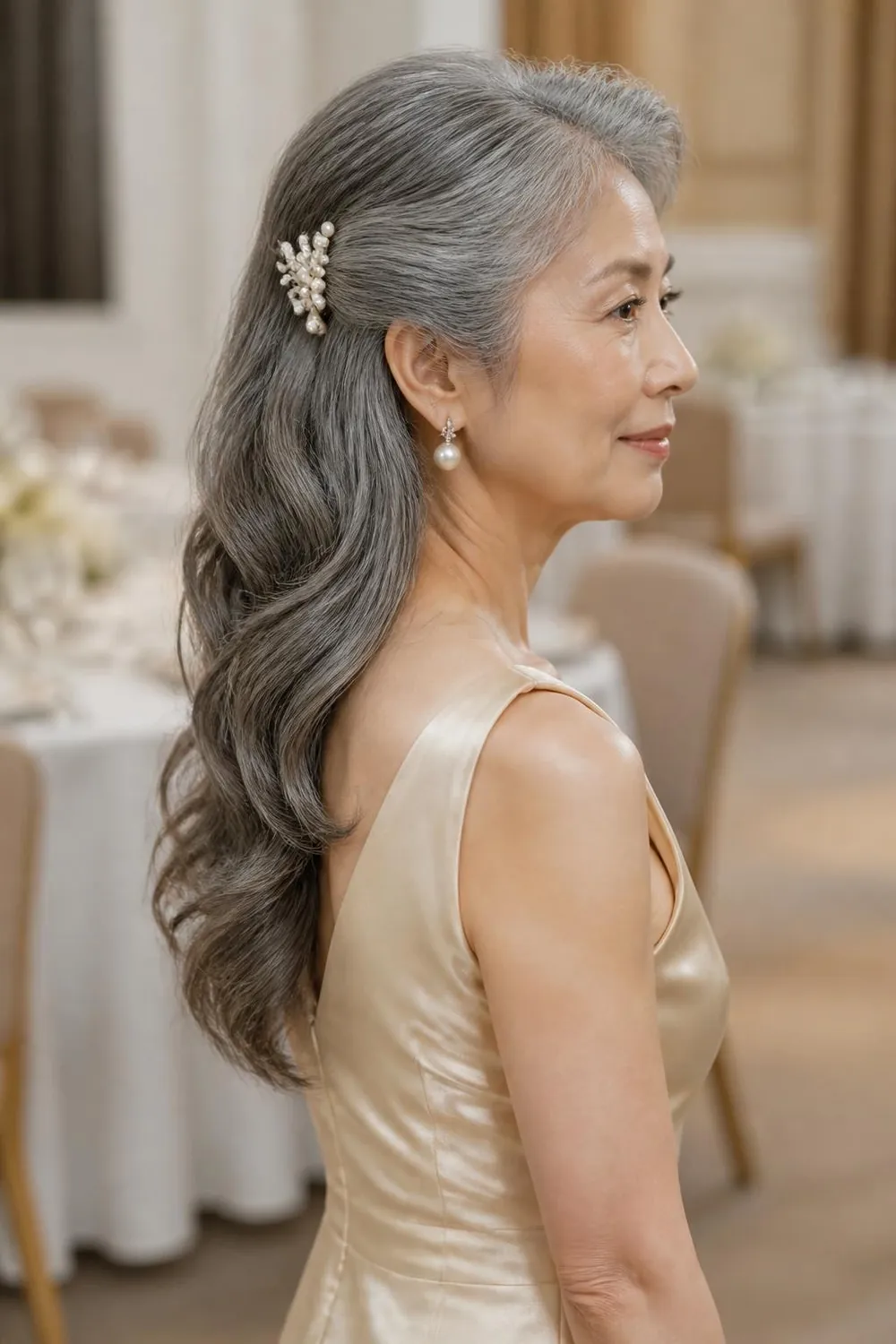 Medium gray waves swept to one side and pinned with a decorative comb