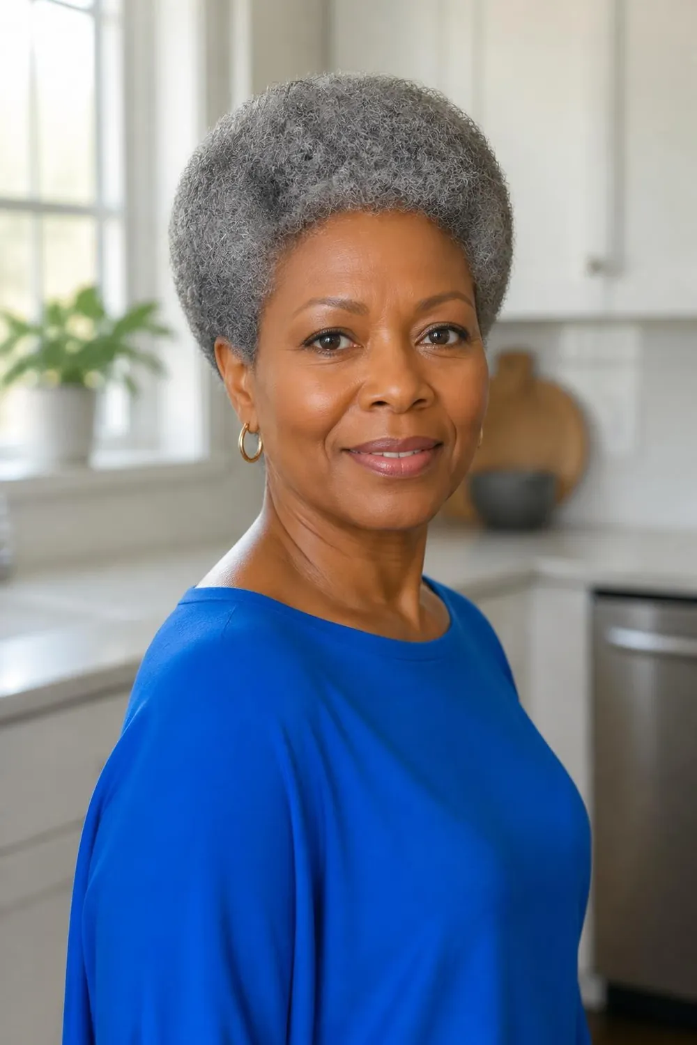 Silver teeny weeny afro shaped round on a Black woman over 50