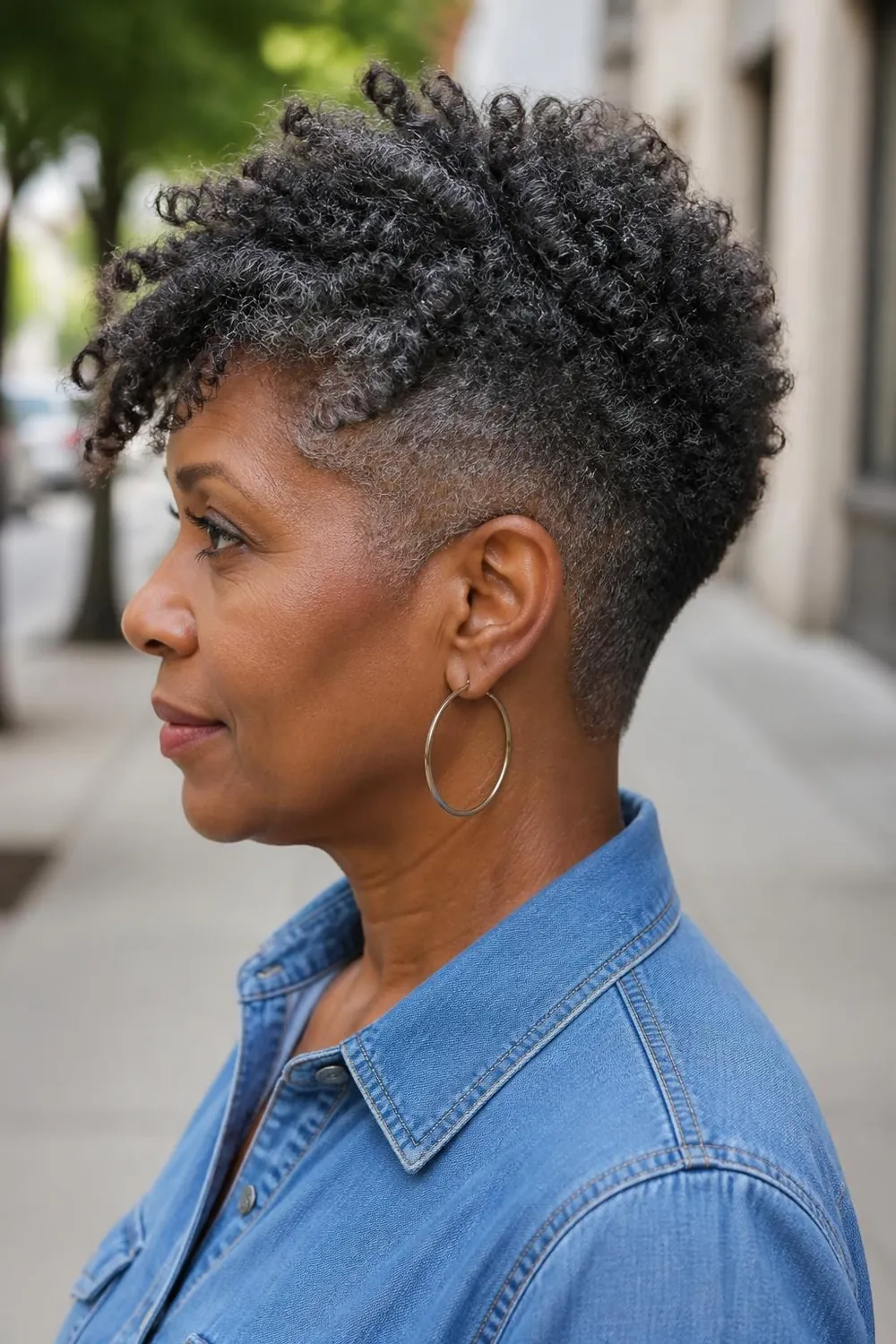 Tapered natural gray haircut with a defined twist-out on top
