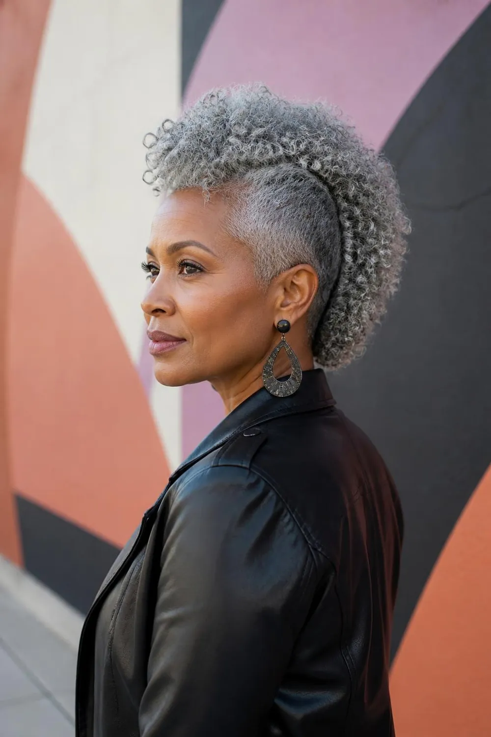 Curly silver mohawk on natural hair with closely tapered sides