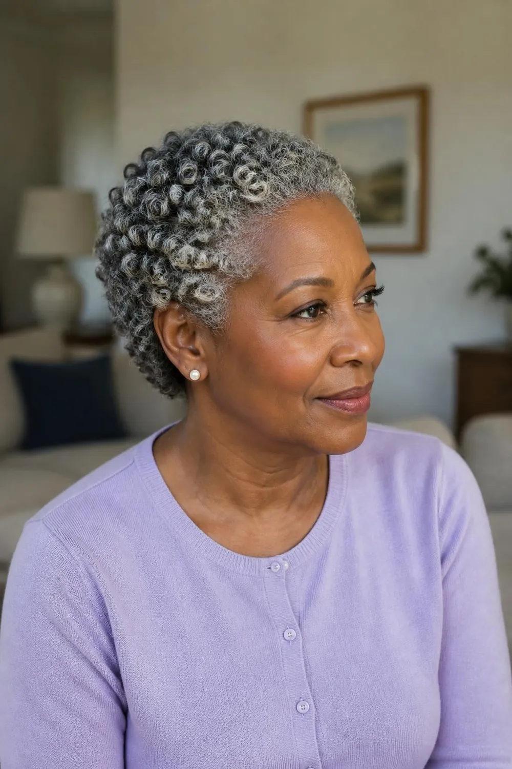 Short gray natural hair styled in neat defined comb coils