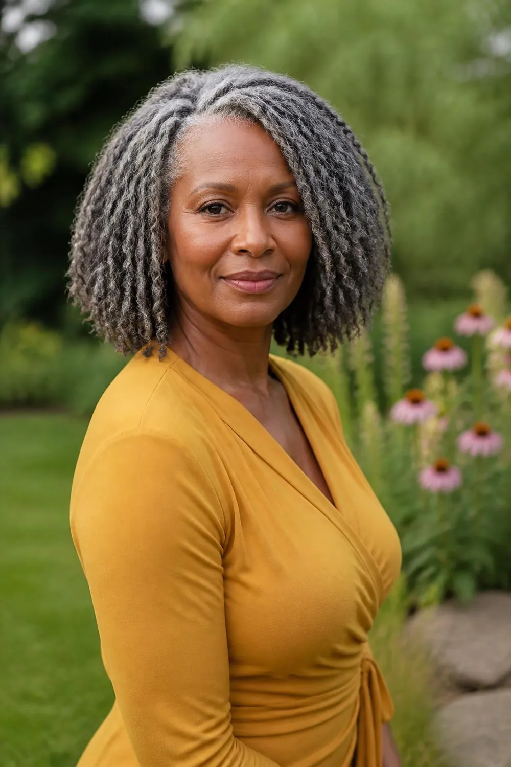 Salt and pepper natural hair in a soft stretched twist-out