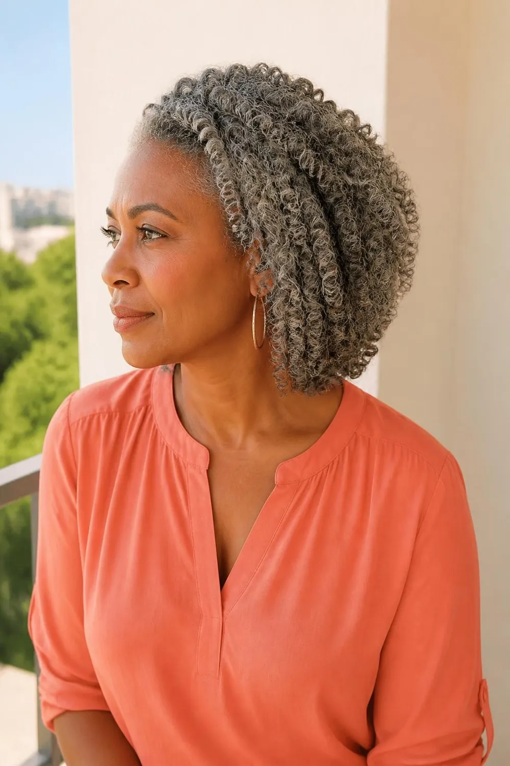Wash-and-go silver curls defined on looser natural curl pattern