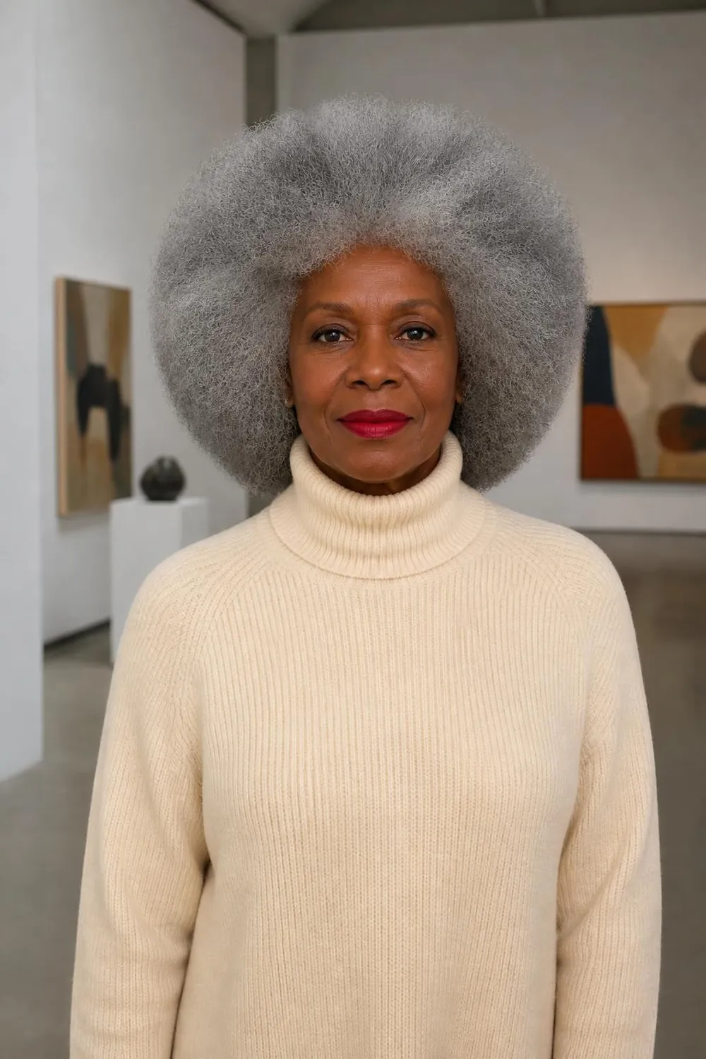 Full rounded silver afro shaped evenly on a Black woman in her sixties