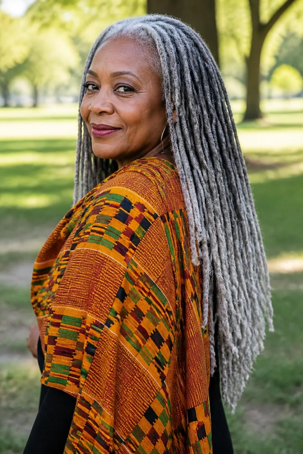 Shoulder-length silver locs with a soft gray ombre from the roots