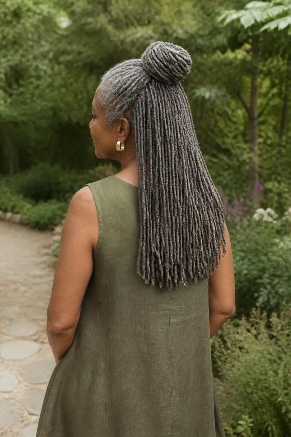 Gray microlocs pulled half-up into a small bun on a Black woman over 60