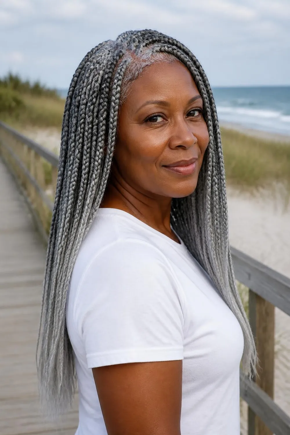 Medium silver knotless braids blending with natural gray roots