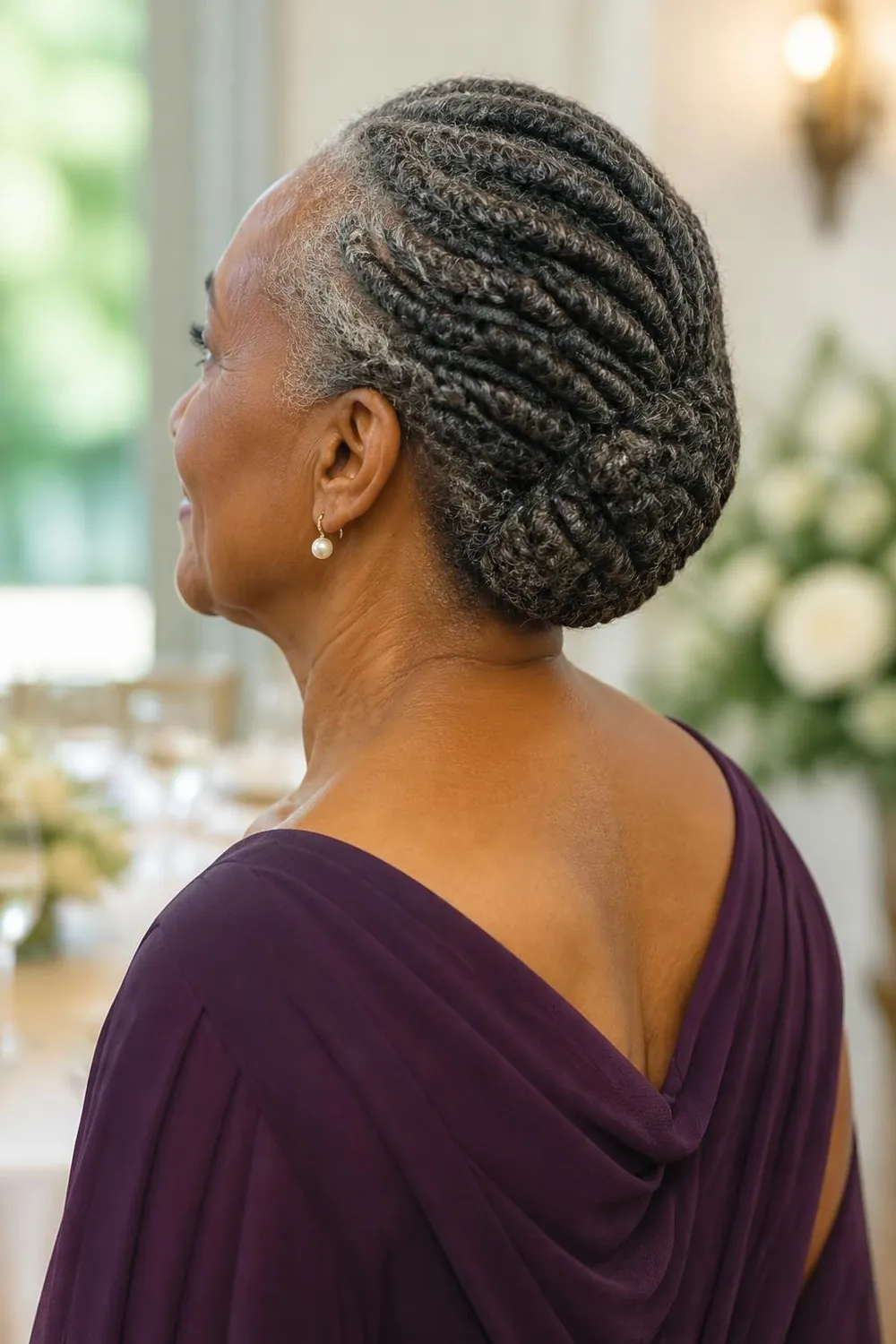 Salt and pepper flat twist updo pinned into a low roll at the back