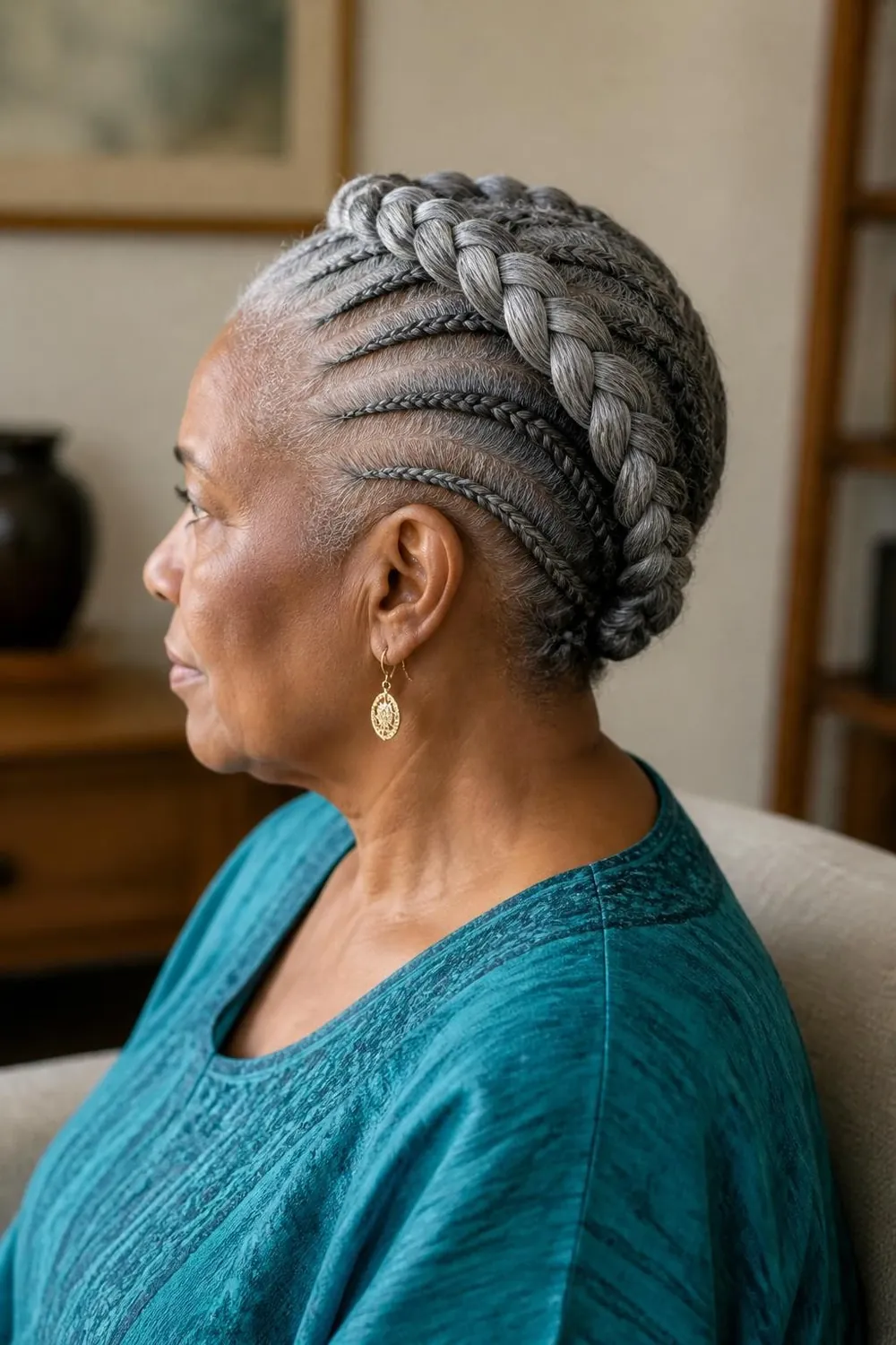 Silver cornrow halo braid circling the head like a crown
