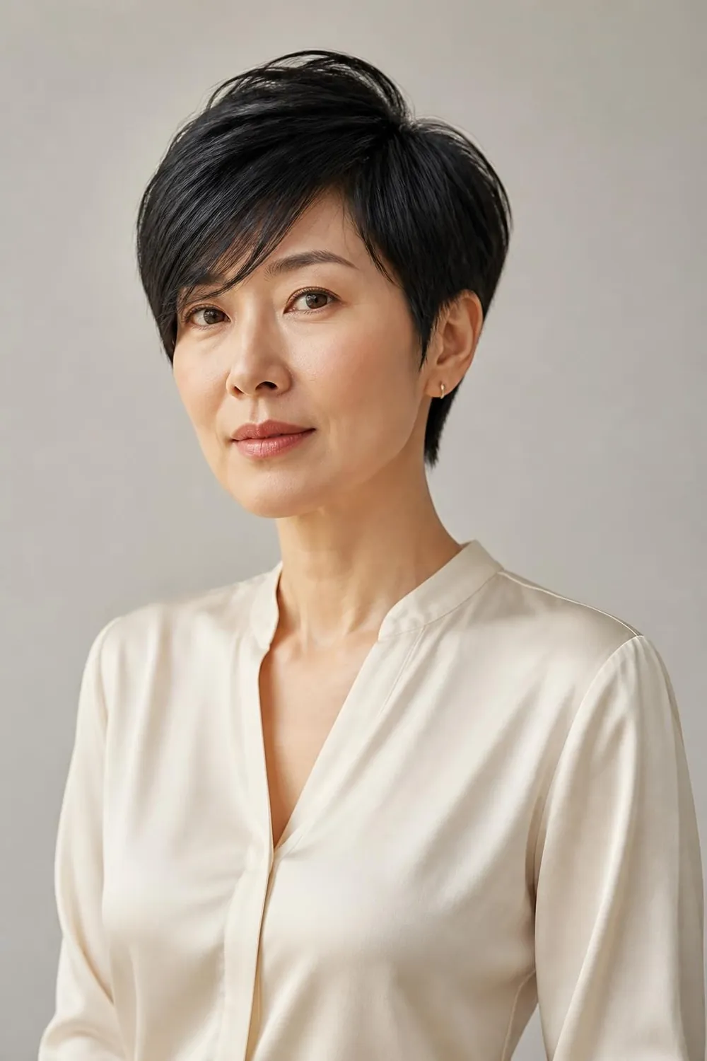 Side-swept pixie cut with a long fringe falling across the forehead on fine hair