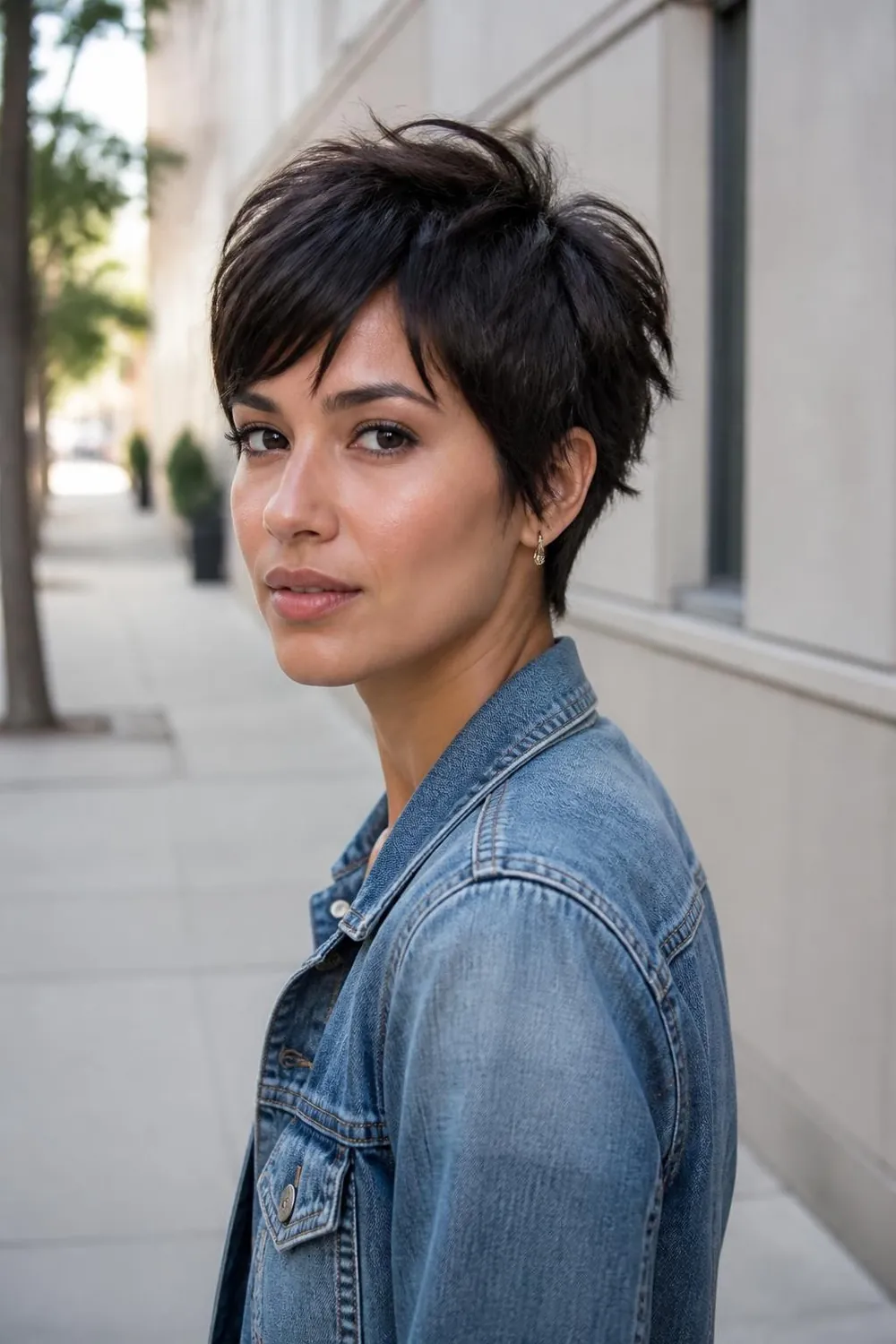 Short textured crop with choppy point-cut ends adding volume to thin straight hair