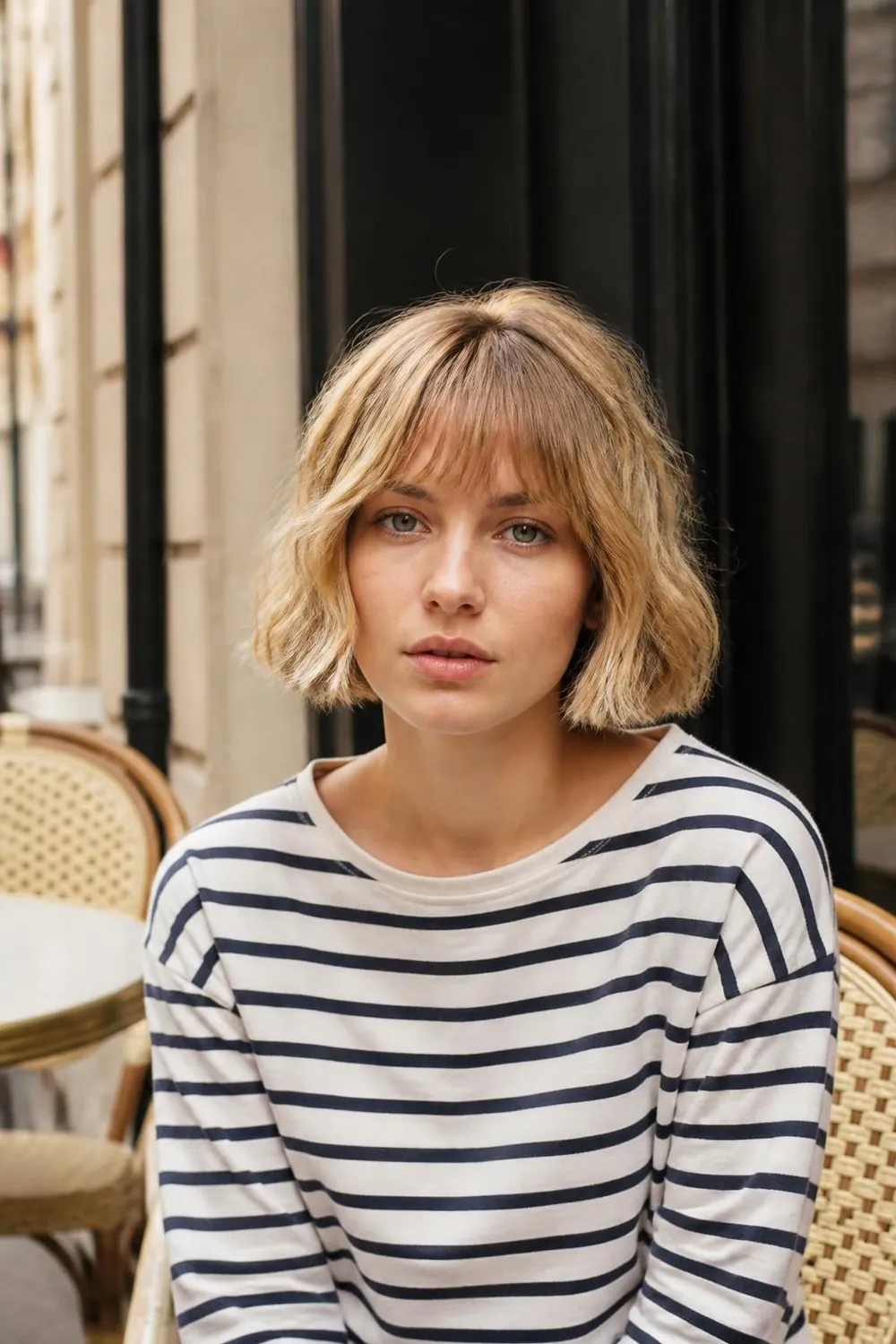 Ear-length French bob with brow-level bangs on fine thin hair