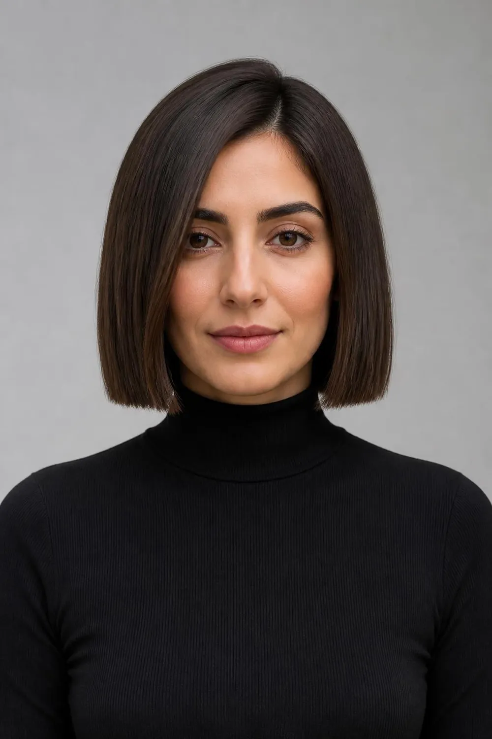 Blunt chin-length bob with a crisp one-length edge for a fuller look on thin hair