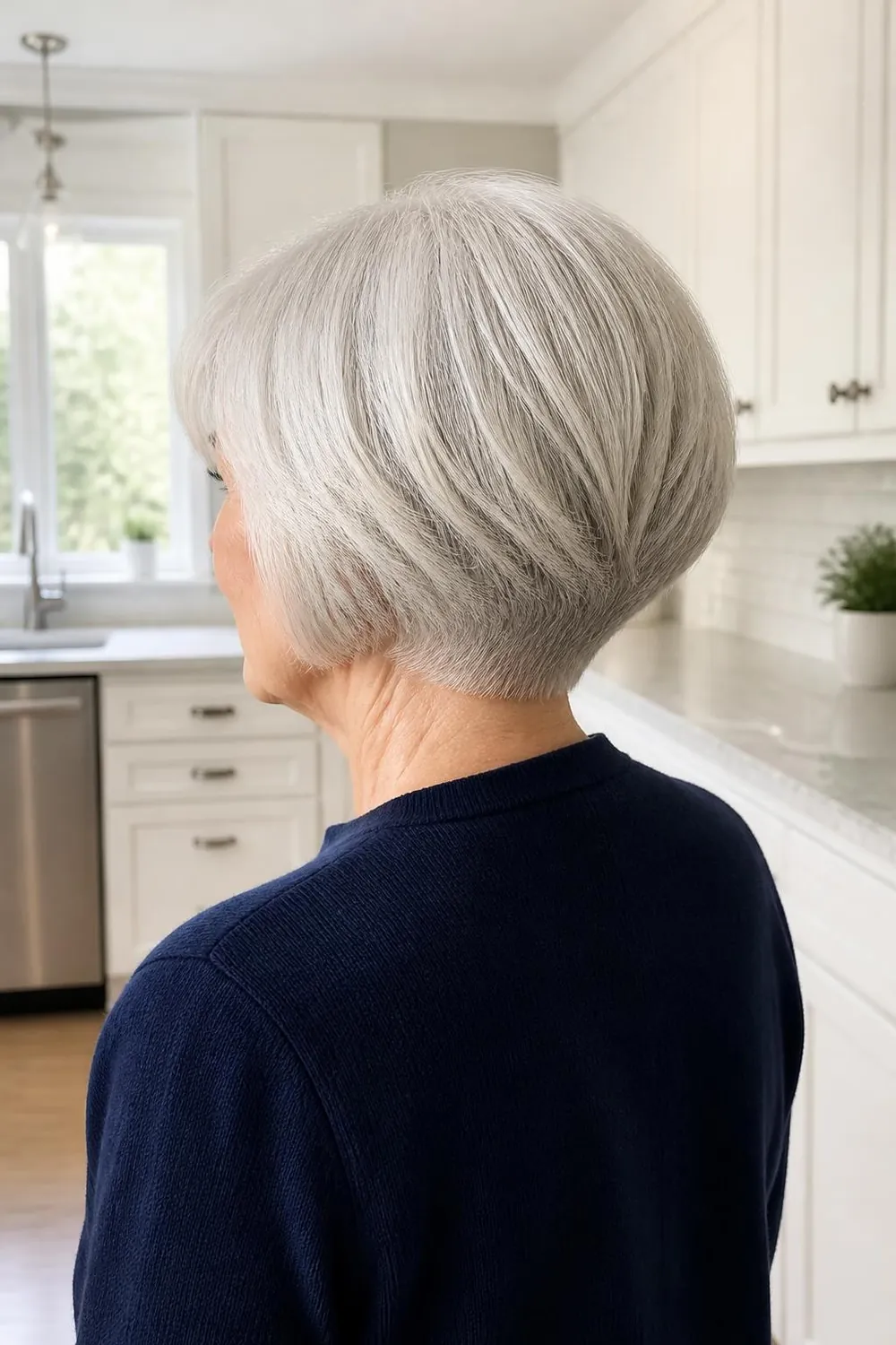 Stacked bob with a short tapered nape and rounded volume at the back of the head
