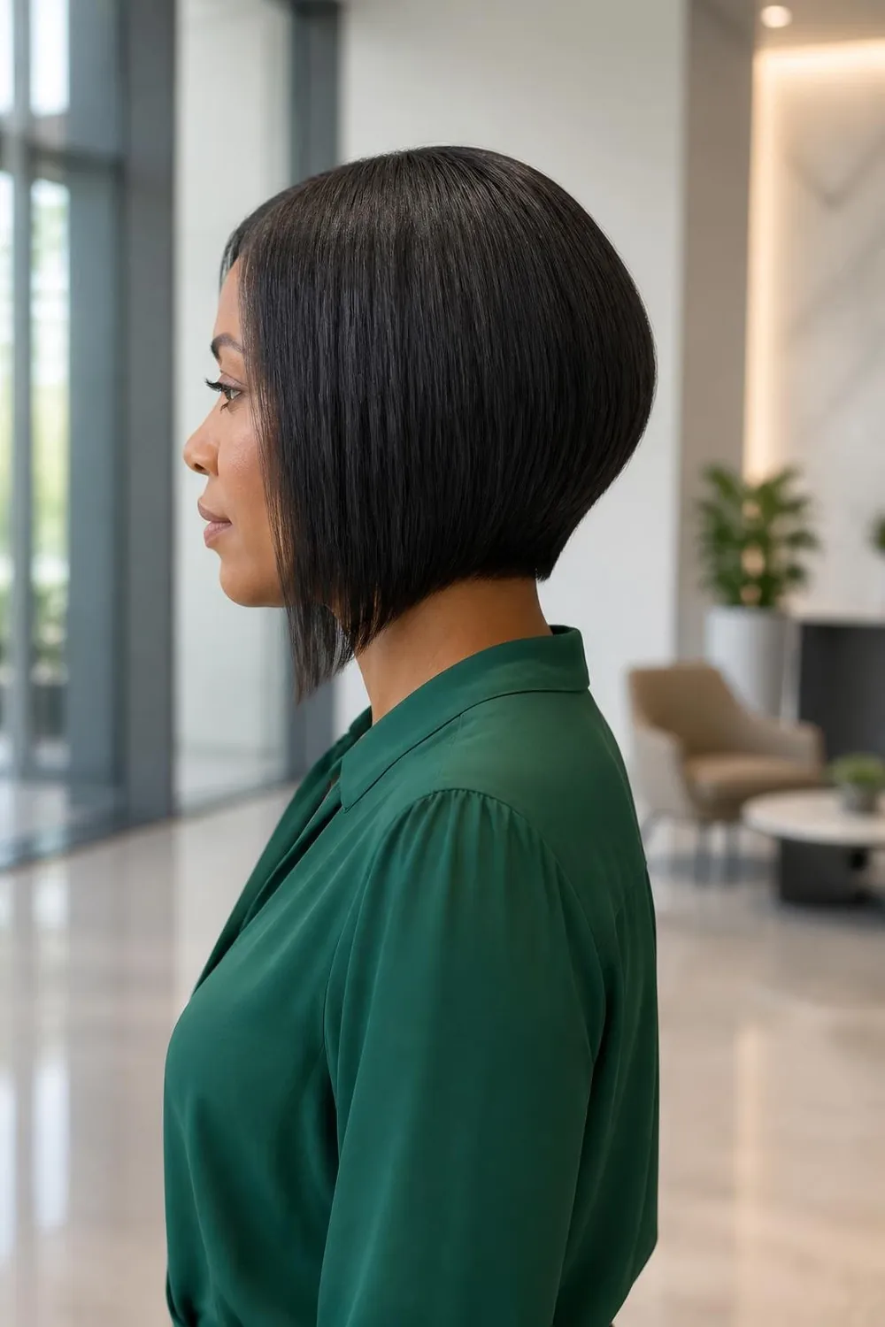 Angled bob that is shorter in the back and longer at the front on thin hair