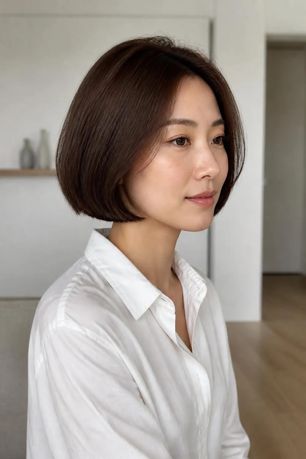 Soft chin-length bob with hidden internal layers giving lift to fine hair