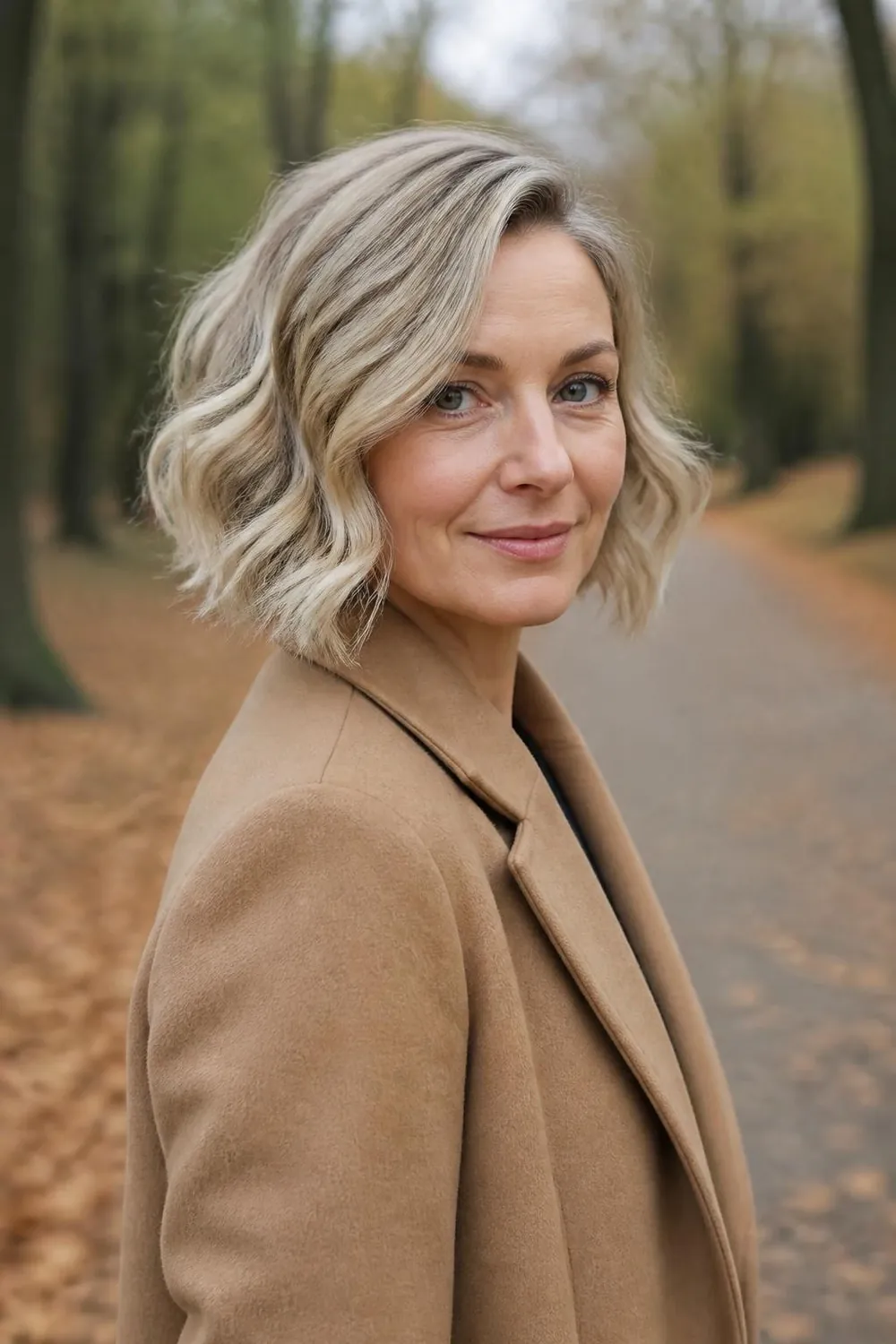 Wavy bob with a deep side part adding height to thin hair at the crown