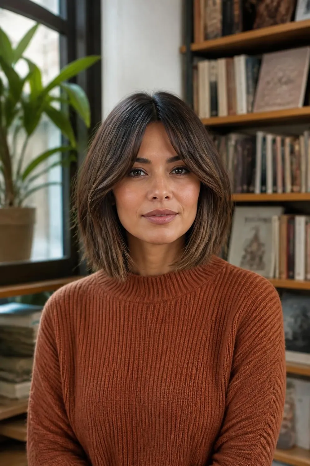 Collar-length bob with curtain bangs framing the face, a soft choice for thin hair