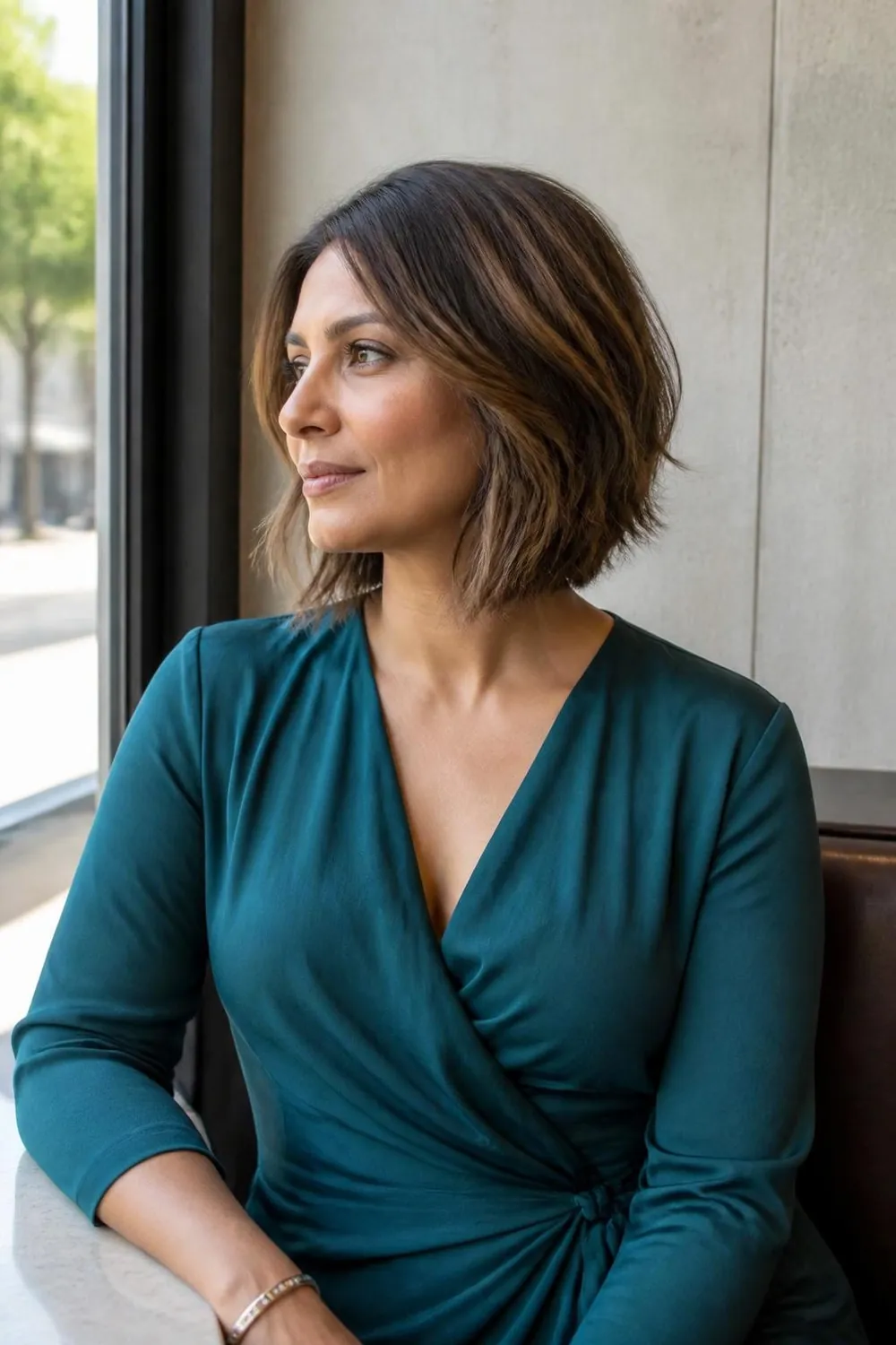 Textured jaw-length bob with fine babylights adding depth to thin hair