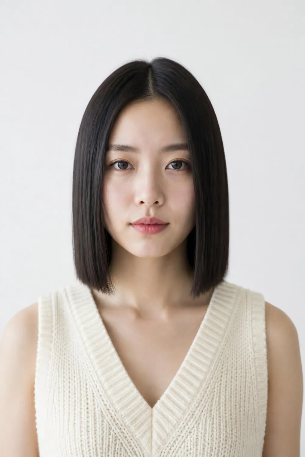 Blunt lob cut to the collarbone with a sleek finish for thin straight hair