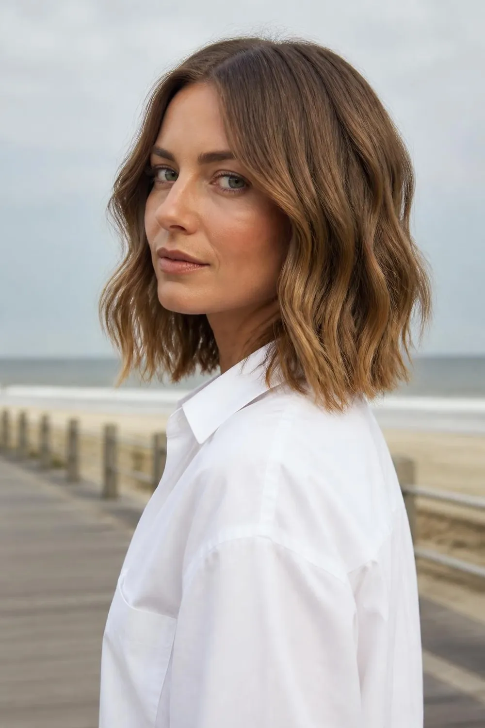 Textured lob with bent waves and a slightly messy finish on thin hair