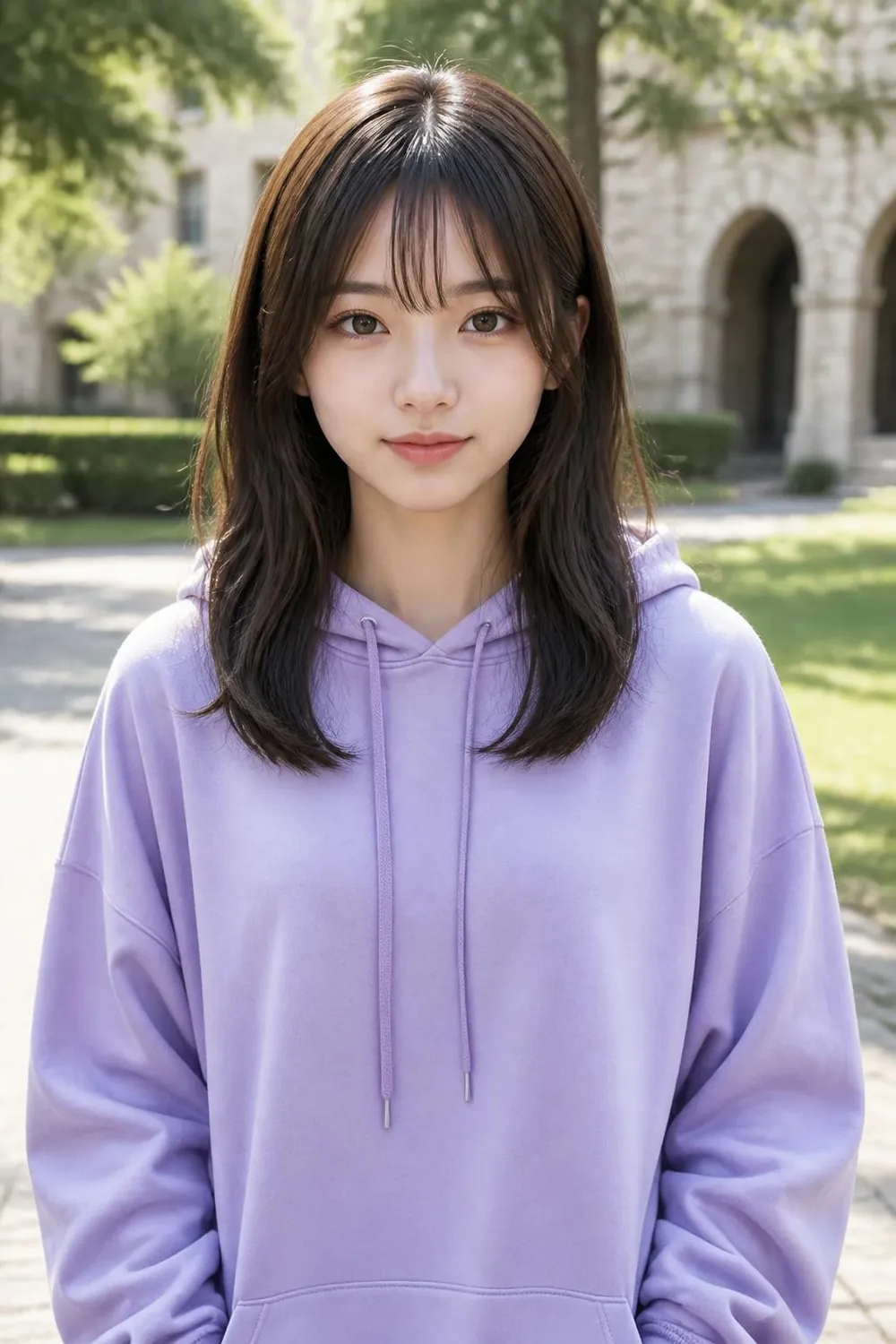 Medium-length haircut with wispy see-through bangs on thin straight hair