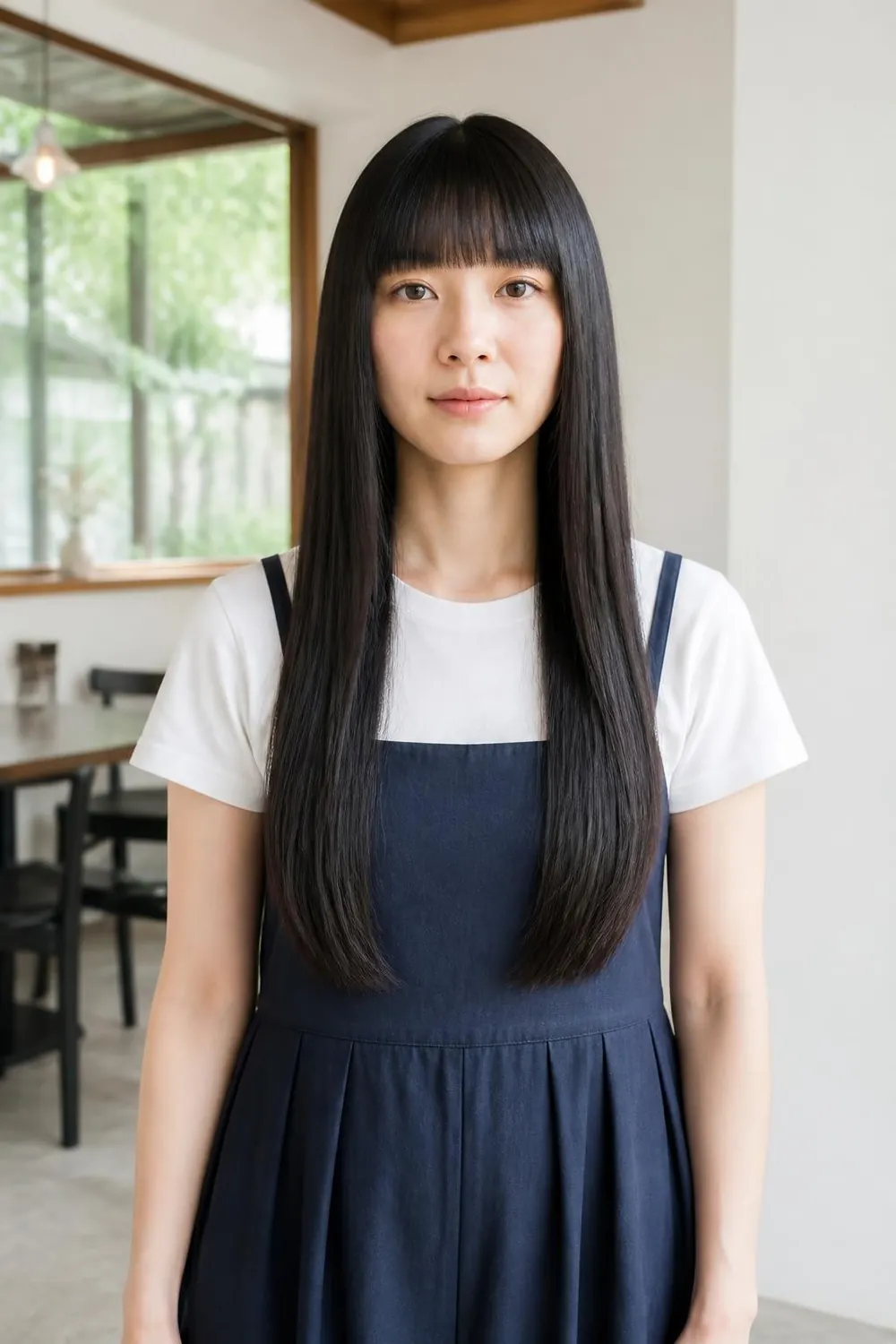 Long straight hair with full blunt bangs that add density at the front