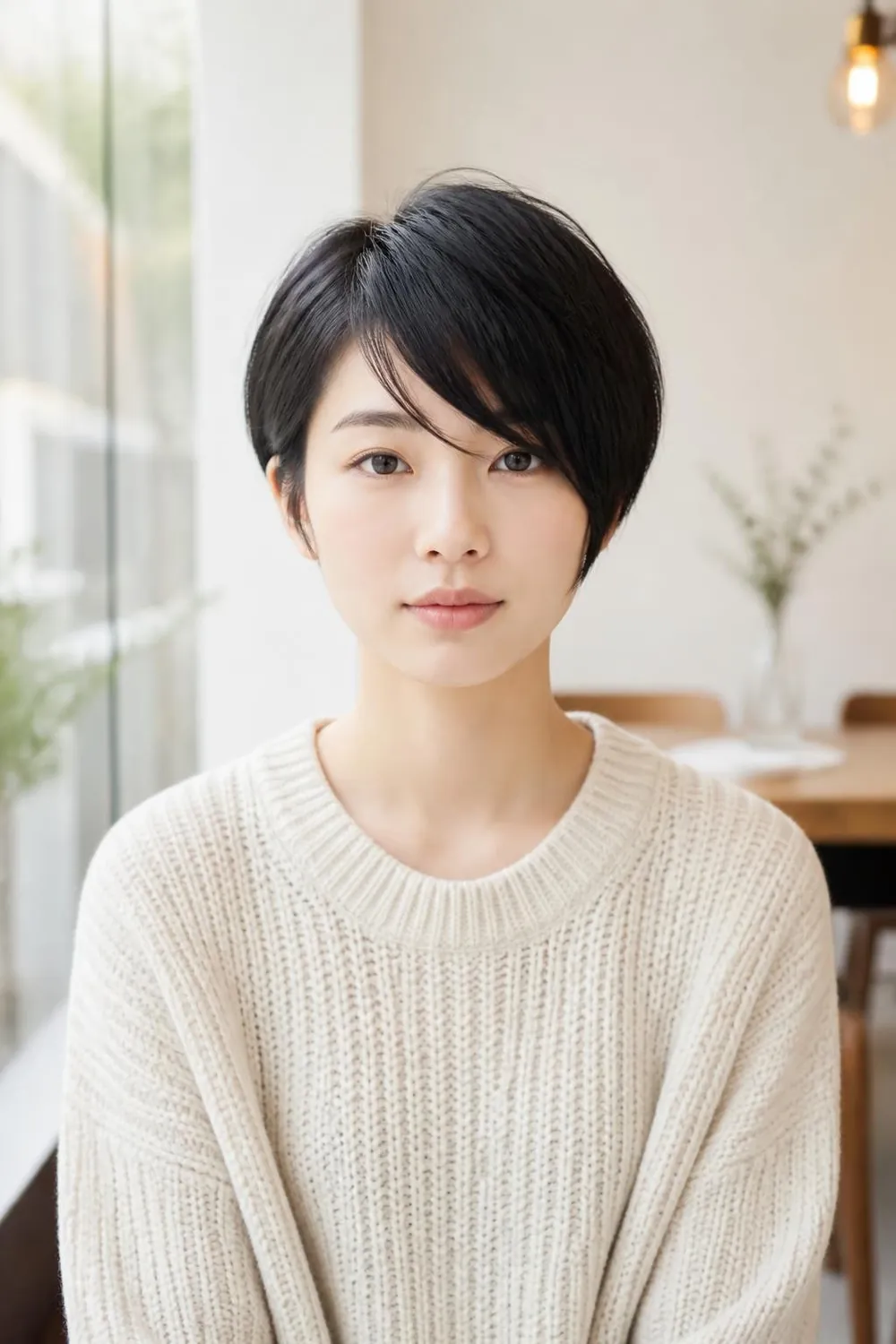 Pixie with a long diagonal fringe sweeping across a round face with thin hair
