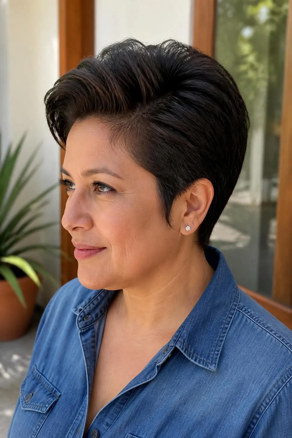 Long pixie swept up and back off the forehead on thin hair for a round face
