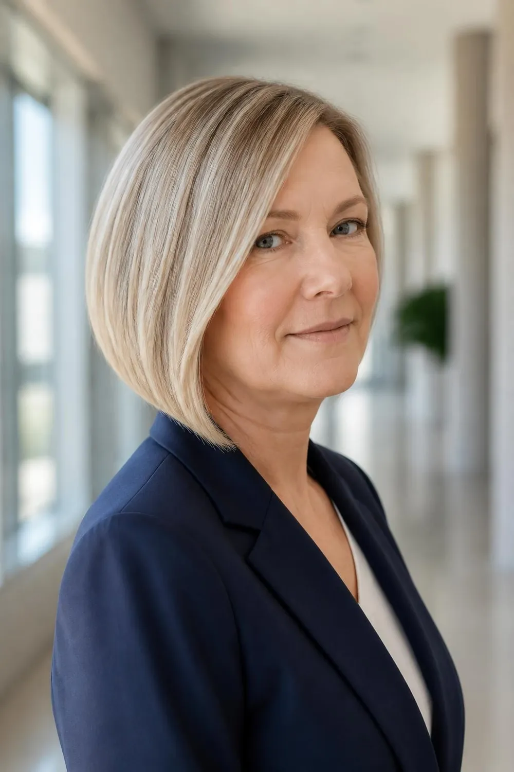 Angled bob falling below the chin to lengthen a round face with thin hair