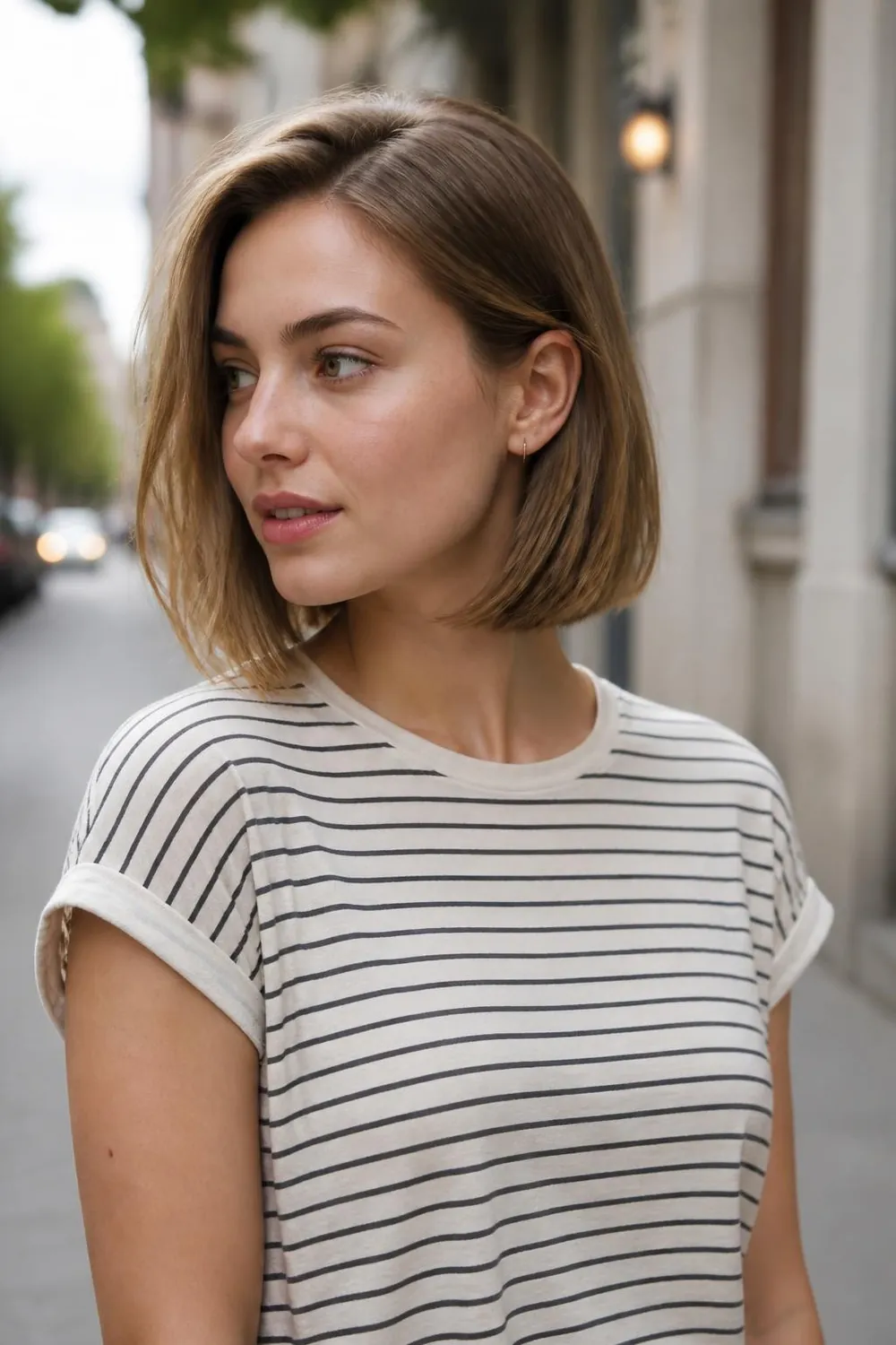 Long bob tucked behind one ear for an asymmetric look on a round face