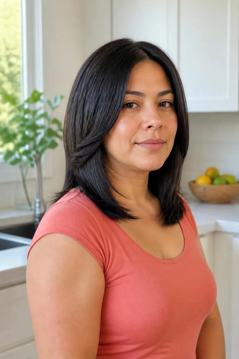 Shoulder-length cut with face-framing layers that start at the chin on a round face