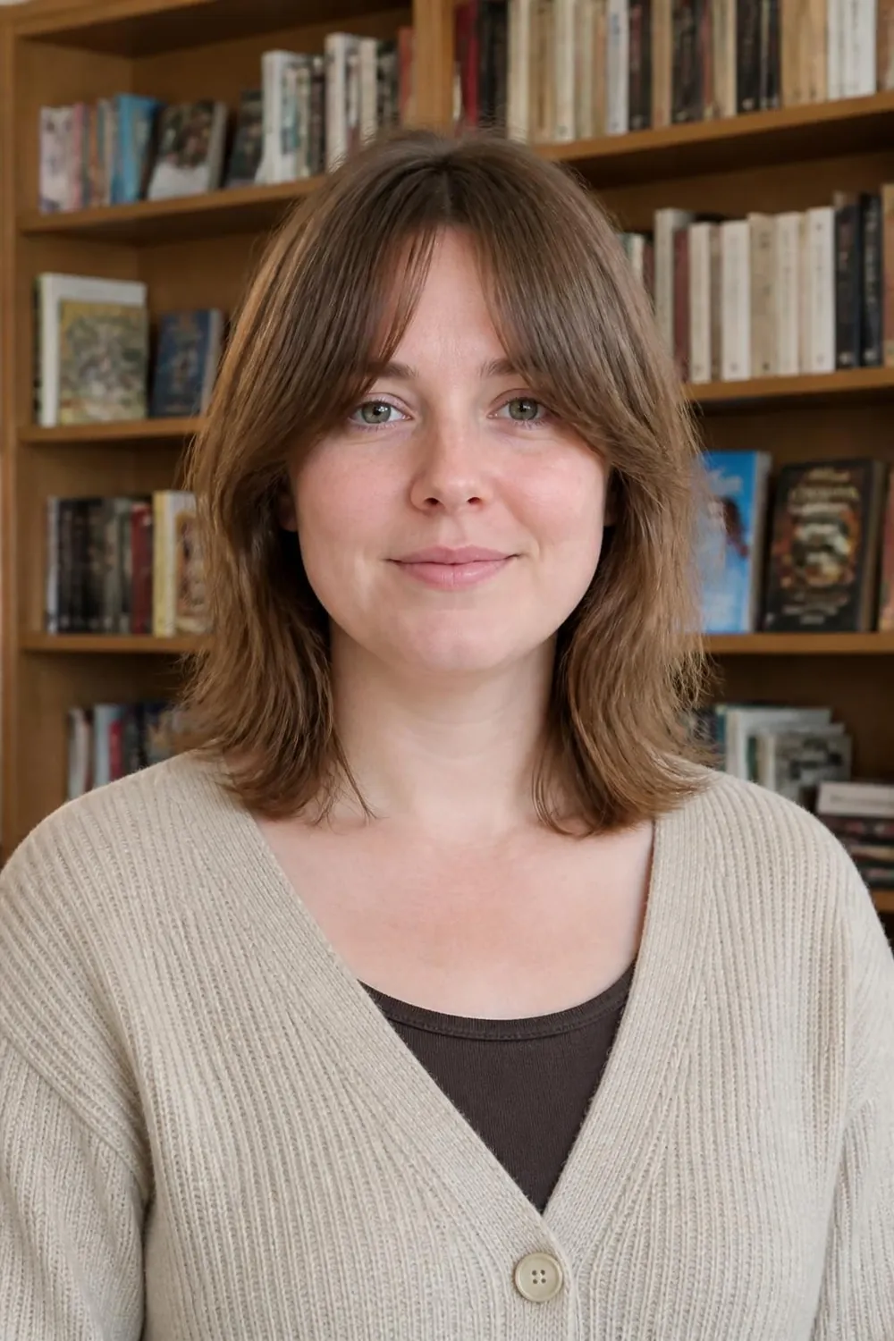 Shaggy shoulder cut with curtain bangs that open up a round face with thin hair