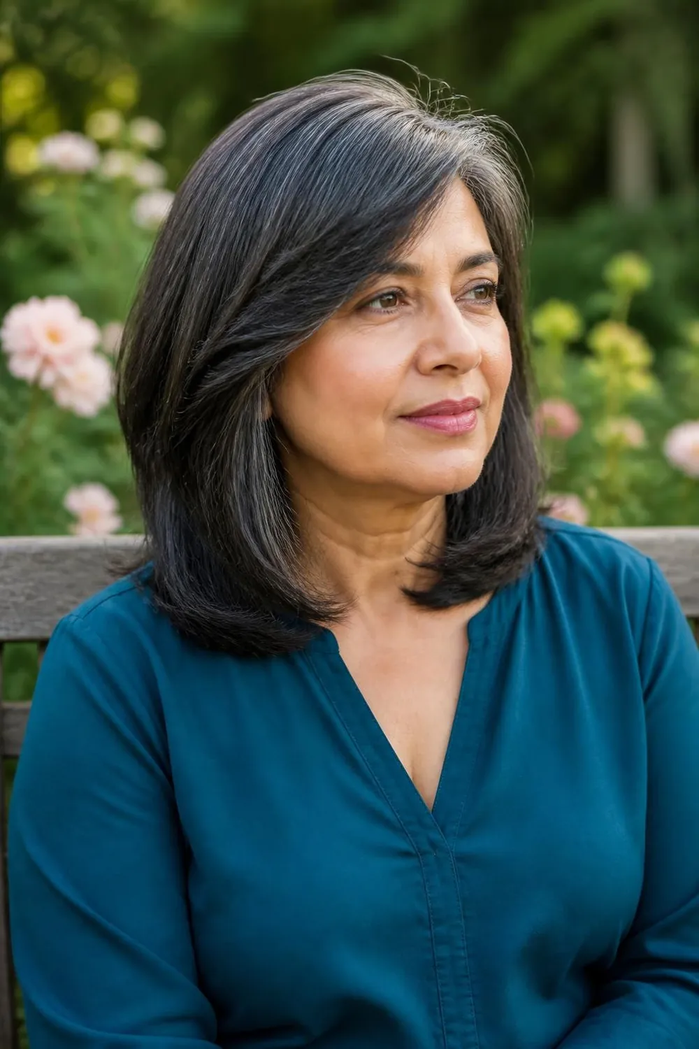Collarbone-length cut with long side-swept bangs on a round face with fine hair