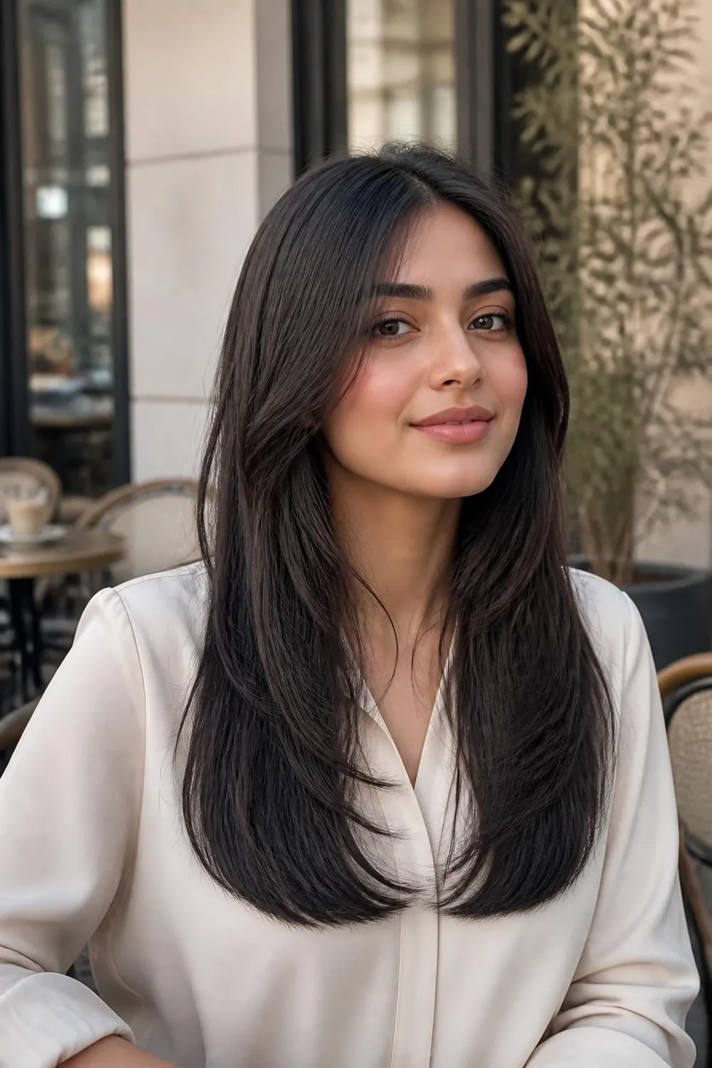 Long layered haircut with layers starting below the chin for thin hair and a round face