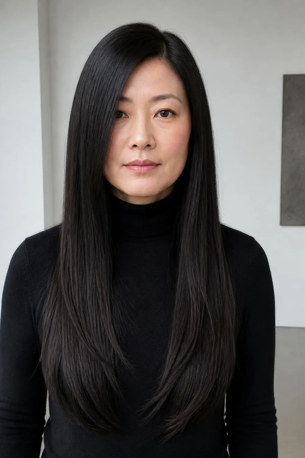 Long sleek straight hair with an off-center part framing a round face