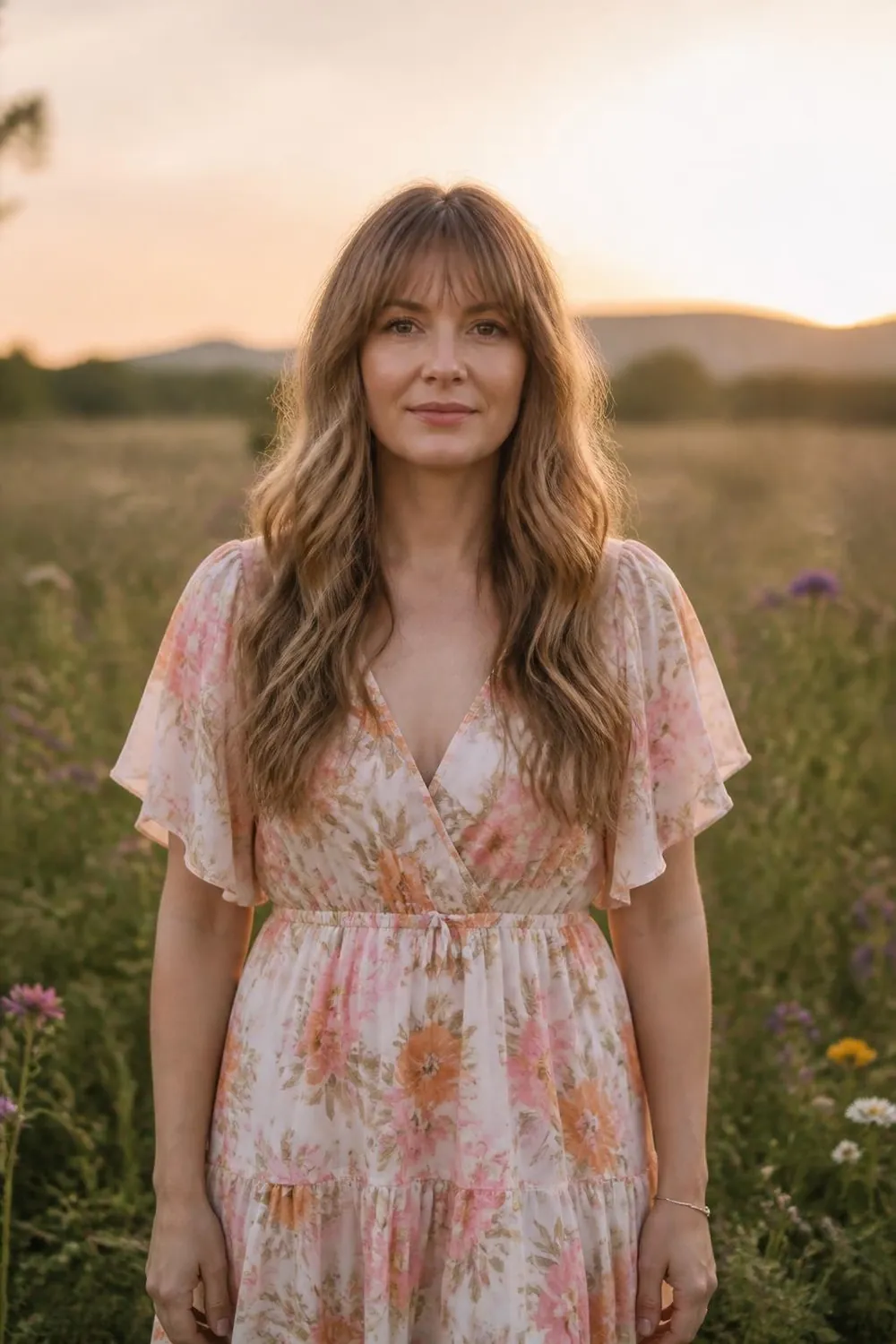 Long waves with wispy curtain bangs framing a round face with thin hair