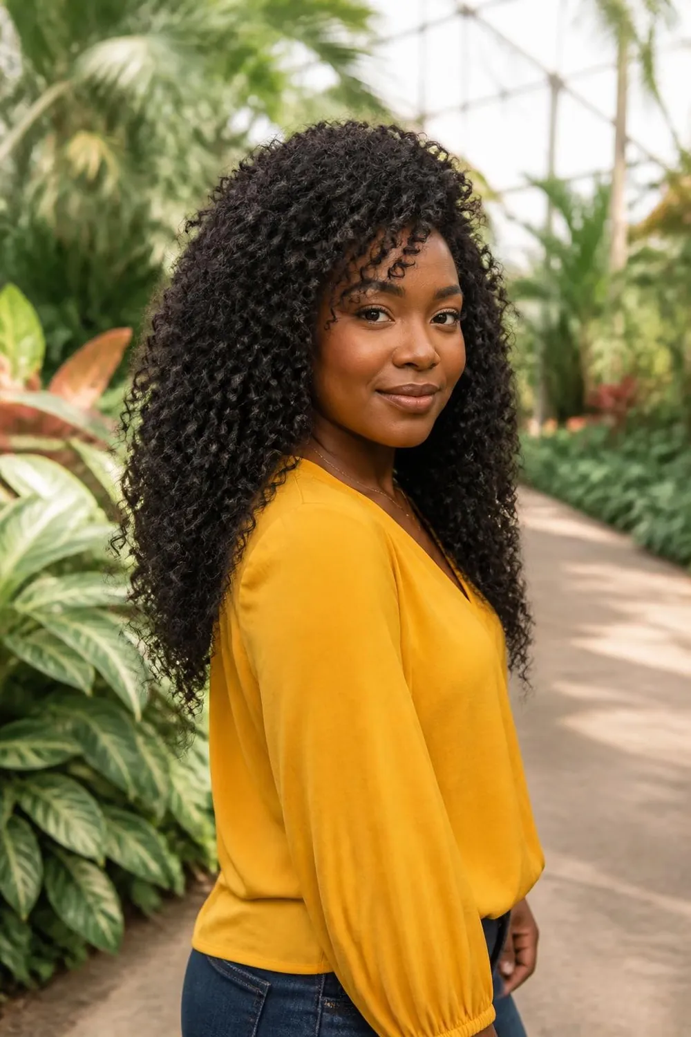 Long curly haircut with height at the crown for fine curls and a round face