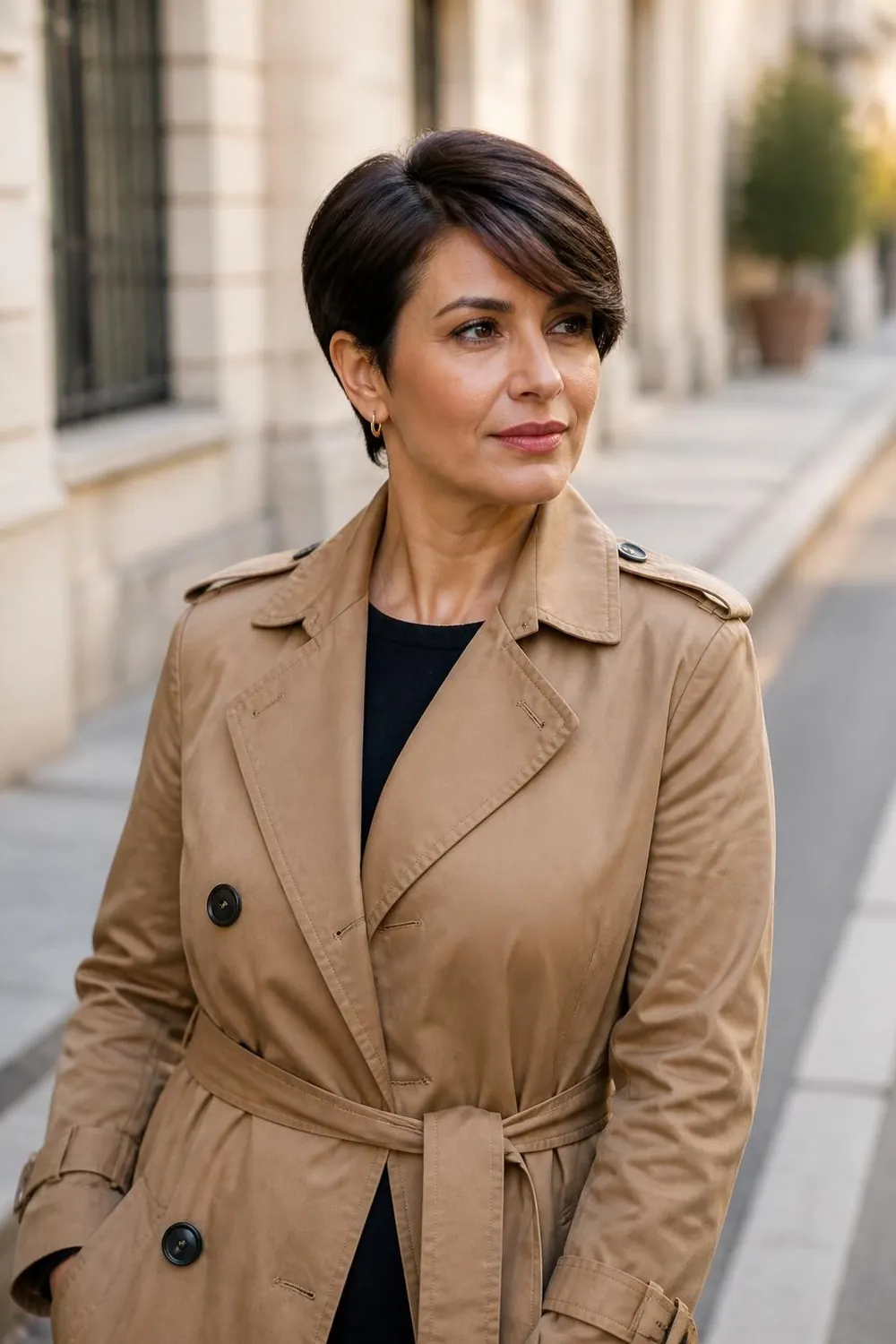Long pixie with a side-swept fringe on a dark-haired woman in her 40s