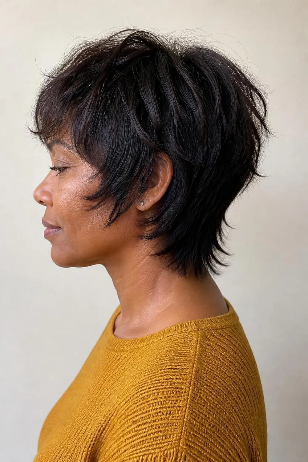 Shaggy bixie cut blending a bob and a pixie for a woman in her 40s