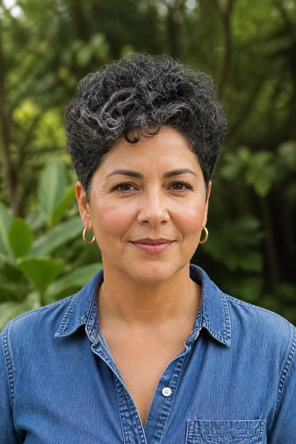 Short curly crop with defined ringlets and tapered sides on a woman in her 40s