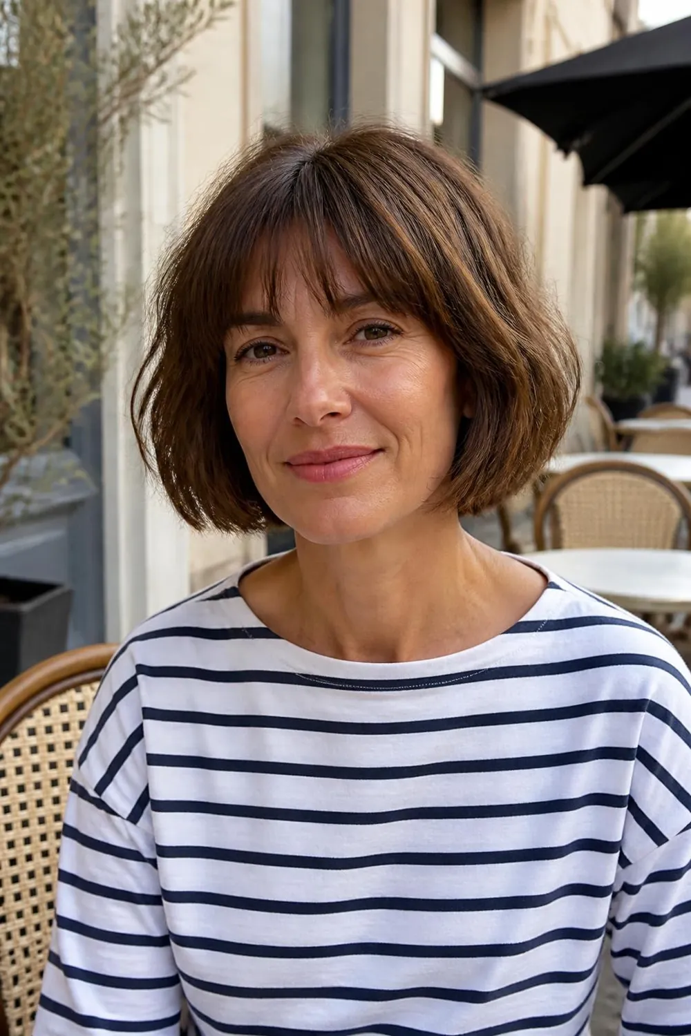 Chin-length French bob with a soft brow-skimming fringe on a woman in her 40s