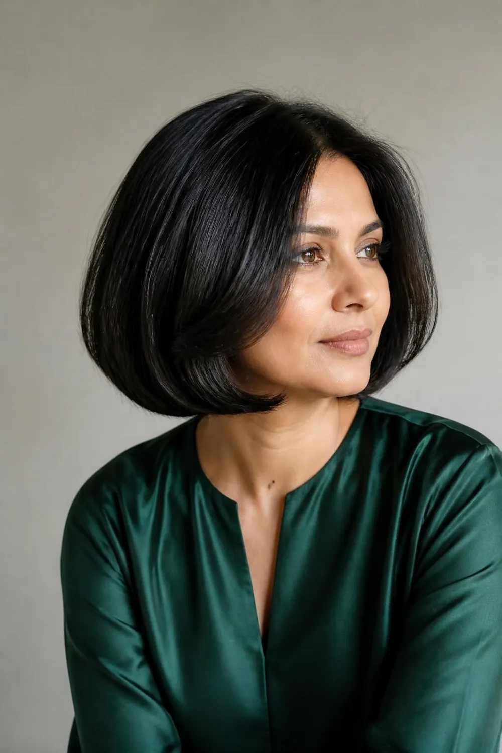 Full Italian bob at jaw length with bouncy rounded ends on a woman in her 40s