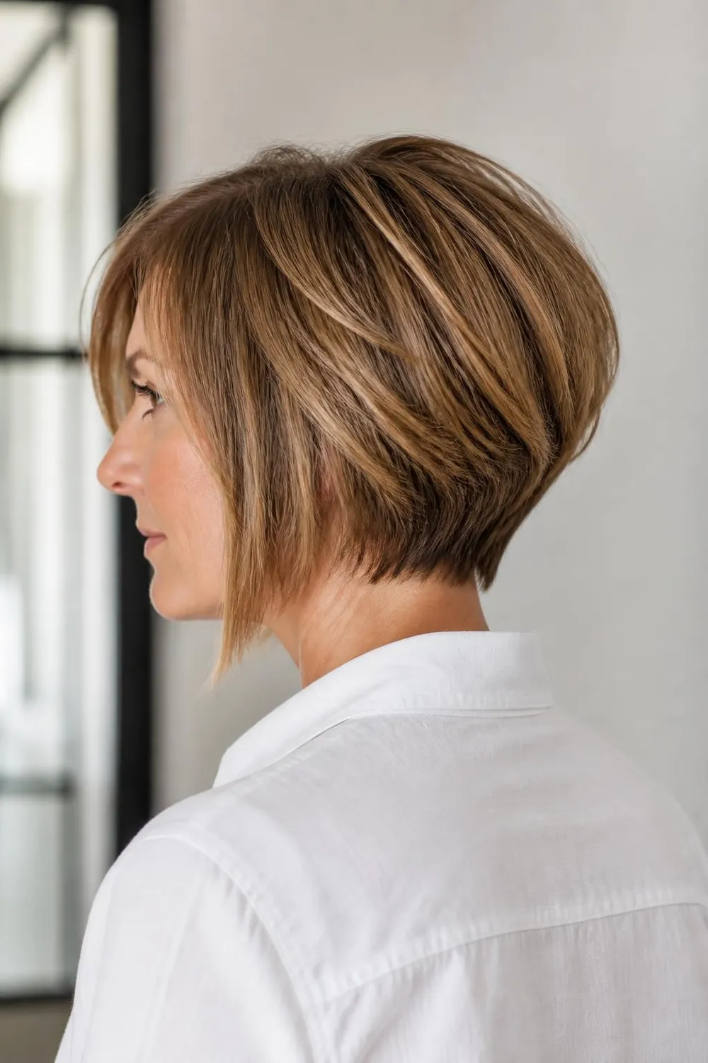 Back view of a stacked bob with a tapered nape on a woman in her 40s